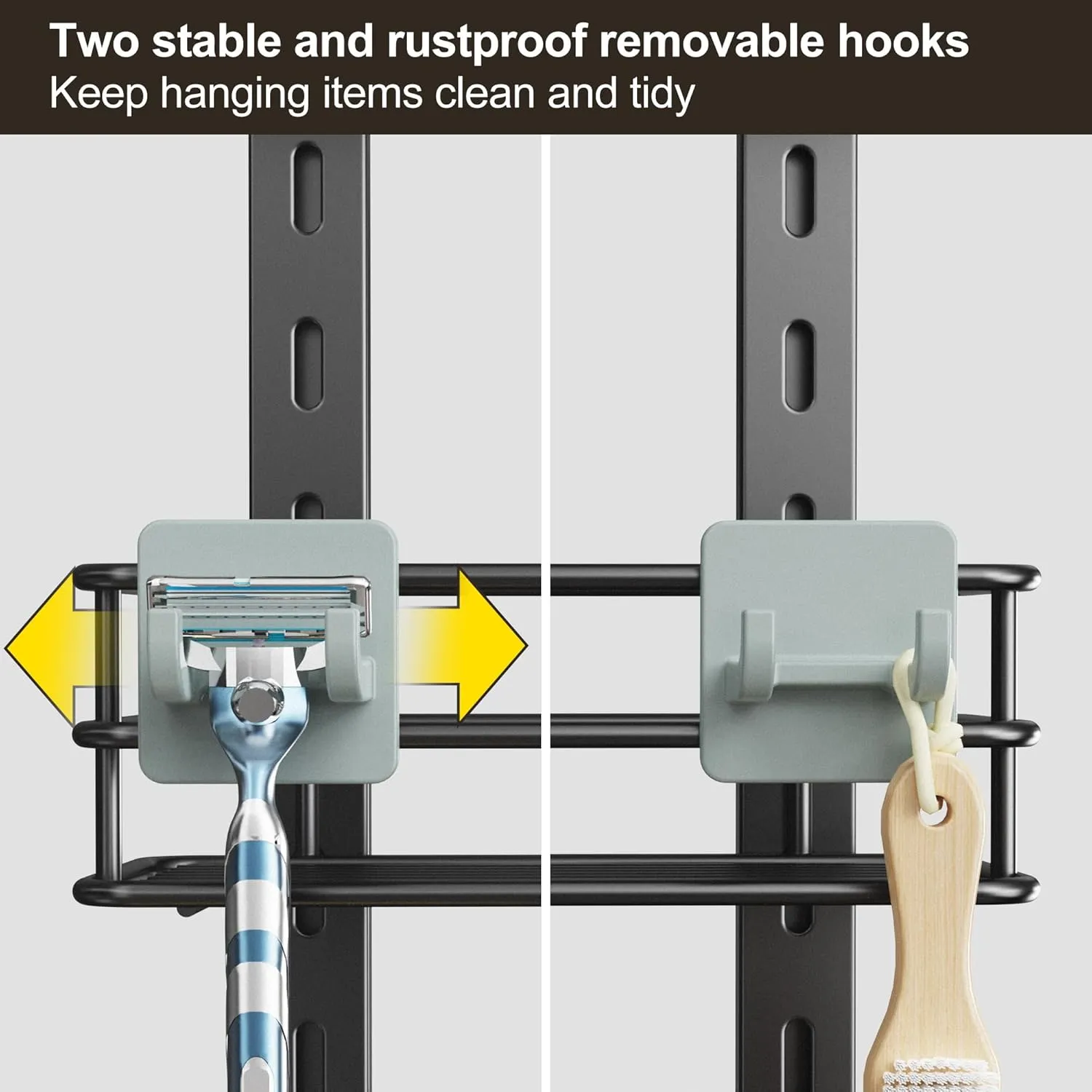 Orimade Adjustable Anti-slip Shower Caddy over Head, Rustproof Bathroom Hanging Organizer with 2 Hooks for Razor, No Drill Shower Shelves Storage Rack 2 Tier, Grey