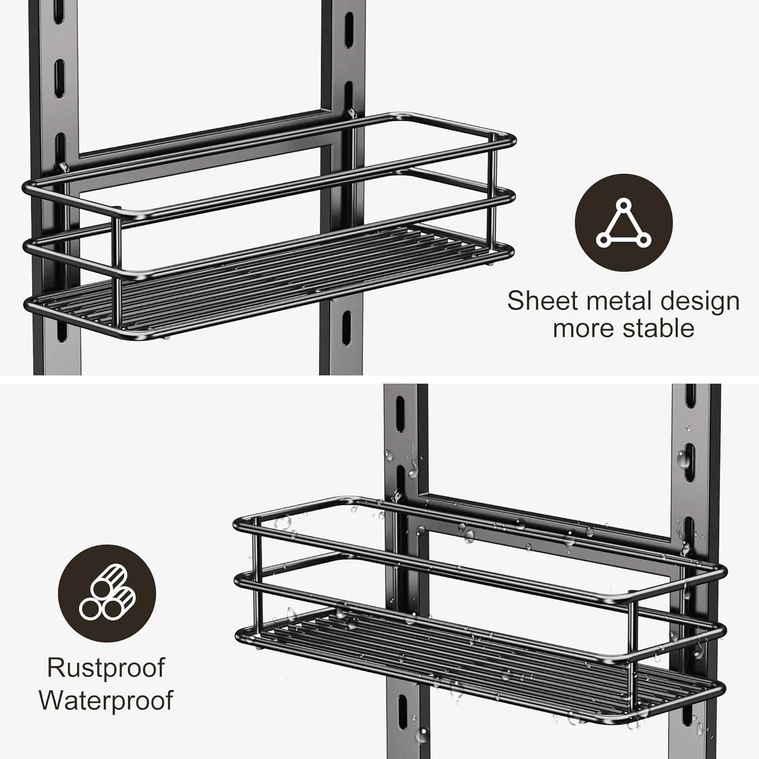 Orimade Adjustable Anti-slip Shower Caddy over Head, Rustproof Bathroom Hanging Organizer with 2 Hooks for Razor, No Drill Shower Shelves Storage Rack 2 Tier, Grey