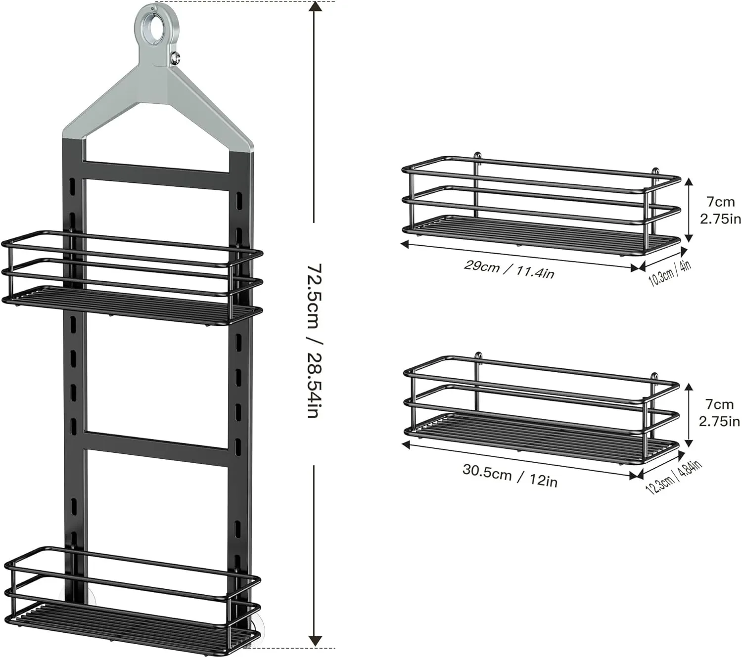 Orimade Adjustable Anti-slip Shower Caddy over Head, Rustproof Bathroom Hanging Organizer with 2 Hooks for Razor, No Drill Shower Shelves Storage Rack 2 Tier, Grey