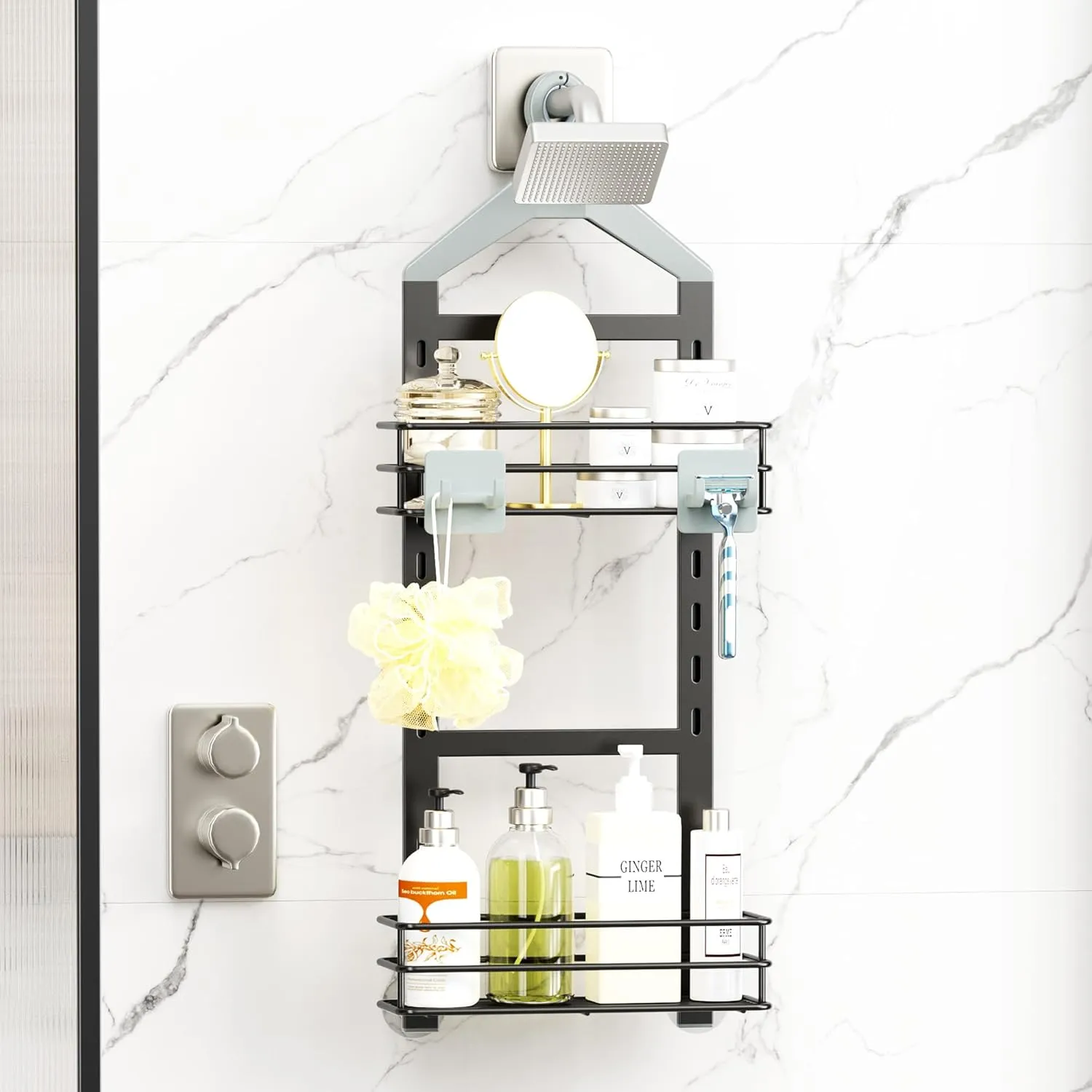 Orimade Adjustable Anti-slip Shower Caddy over Head, Rustproof Bathroom Hanging Organizer with 2 Hooks for Razor, No Drill Shower Shelves Storage Rack 2 Tier, Grey