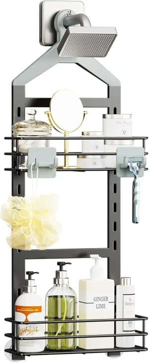 Orimade Adjustable Anti-slip Shower Caddy over Head, Rustproof Bathroom Hanging Organizer with 2 Hooks for Razor, No Drill Shower Shelves Storage Rack 2 Tier, Grey
