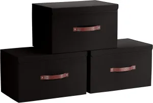Ornavo Home 3 Pack Collapsible Storage Bins with Lid, Foldable Linen Fabric Shelf Storage Basket Closet Organizer and Large Storage Box for Clothes with Leather Handles, 15 x 10 x 9, Black