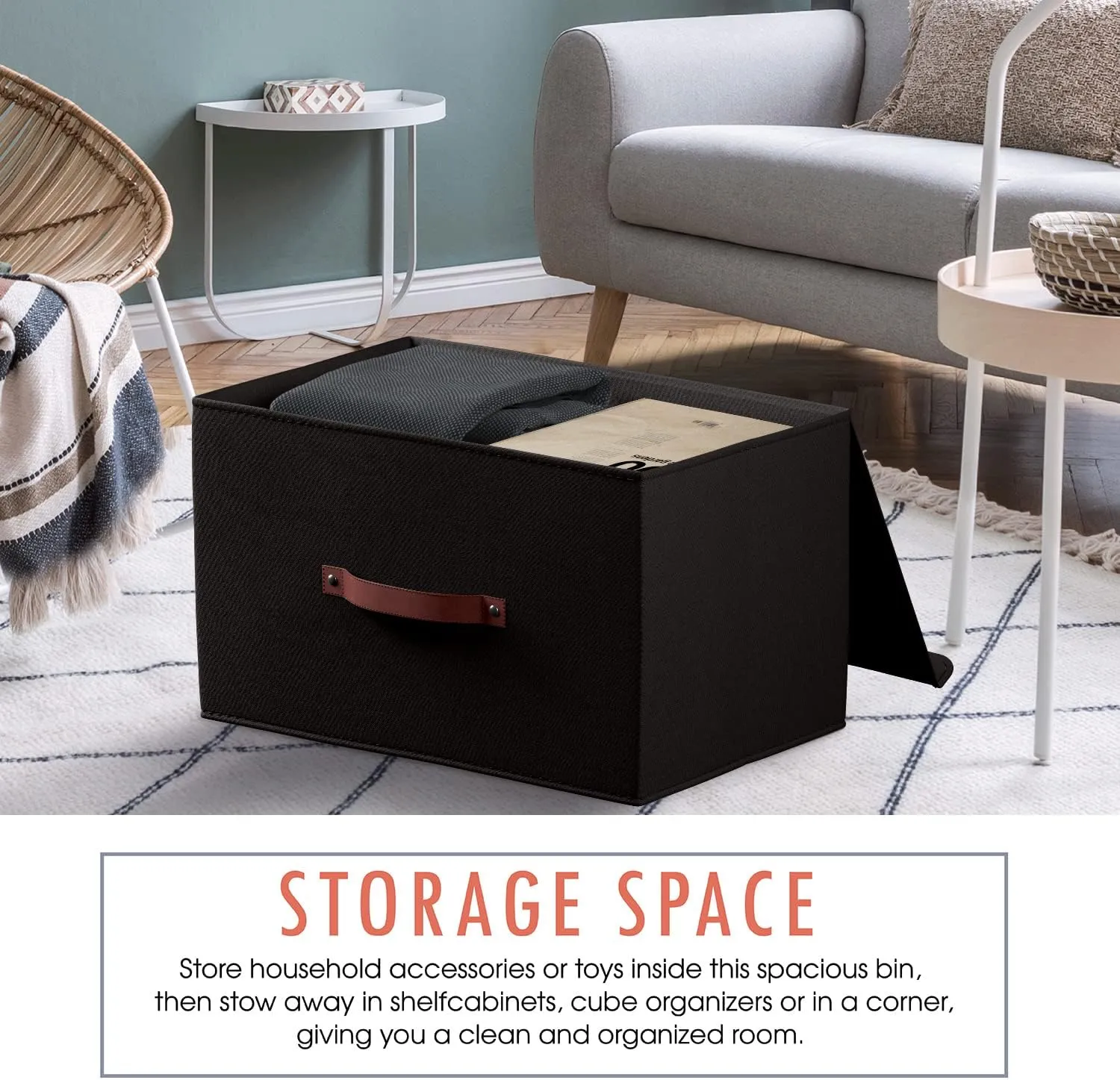Ornavo Home 3 Pack Collapsible Storage Bins with Lid, Foldable Linen Fabric Shelf Storage Basket Closet Organizer and Large Storage Box for Clothes with Leather Handles, 15 x 10 x 9, Black