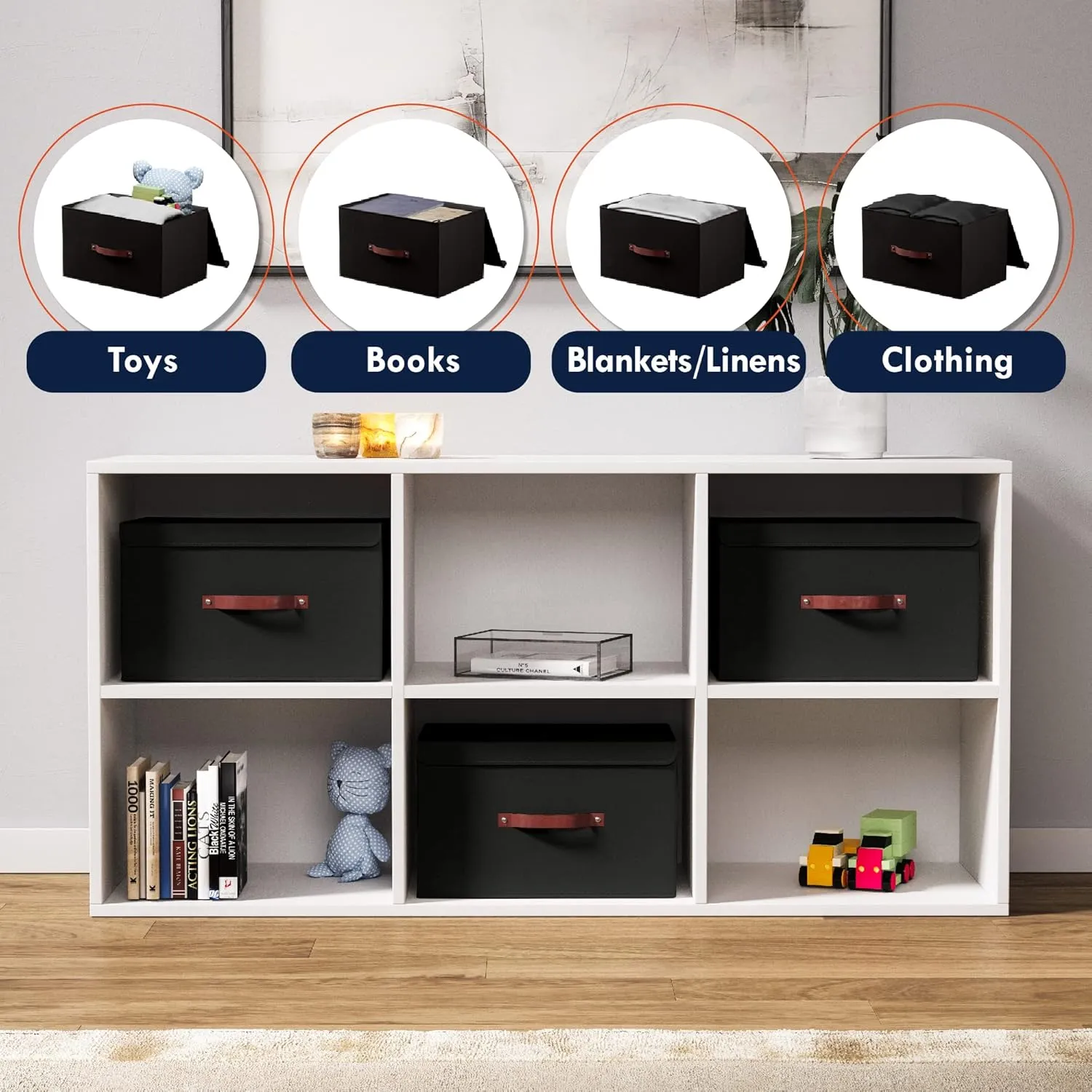 Ornavo Home 3 Pack Collapsible Storage Bins with Lid, Foldable Linen Fabric Shelf Storage Basket Closet Organizer and Large Storage Box for Clothes with Leather Handles, 15 x 10 x 9, Black