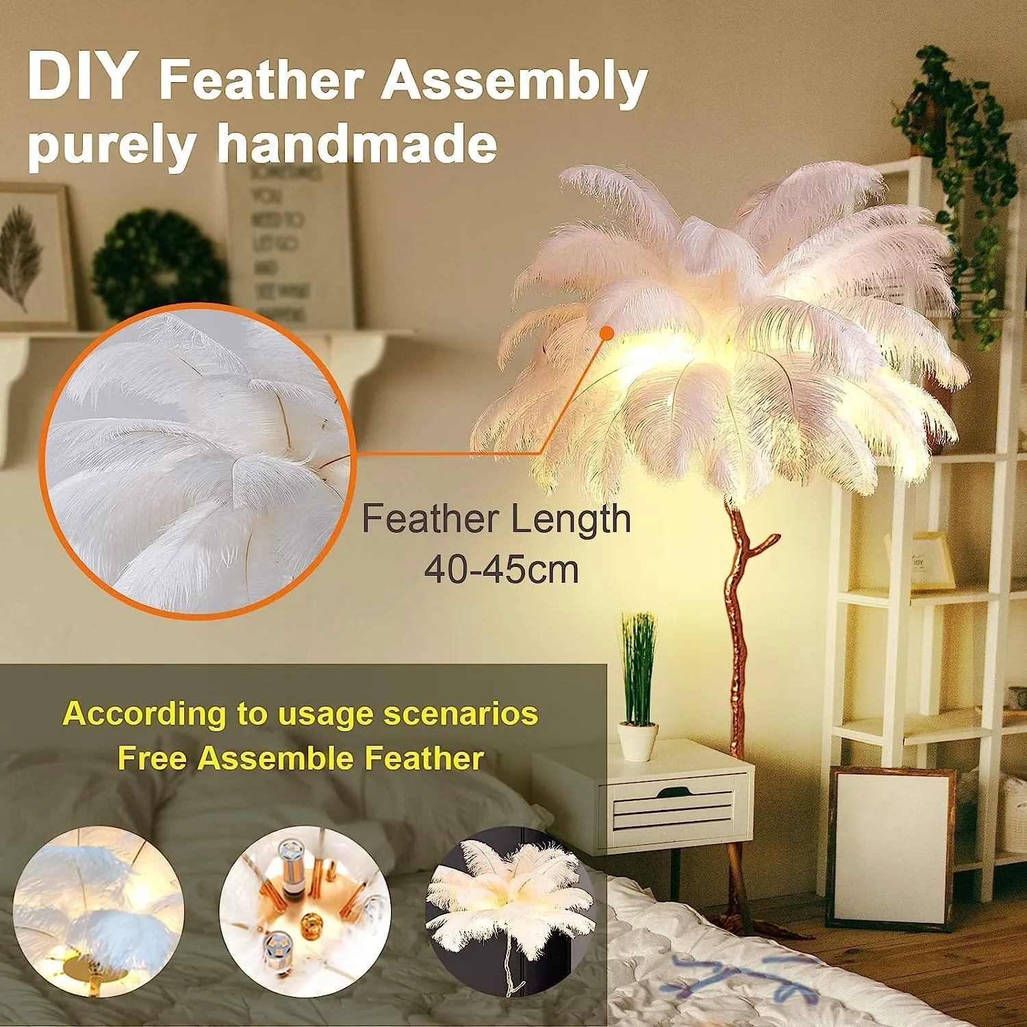 Ostrich Feather lamp,Resin Feather lamp with Natural Ostrich Feathers (Contains Light Sources) Have Footswitch Dimmable Floor Lamp (90x170cm(35×67inch),Rouge Pink)
