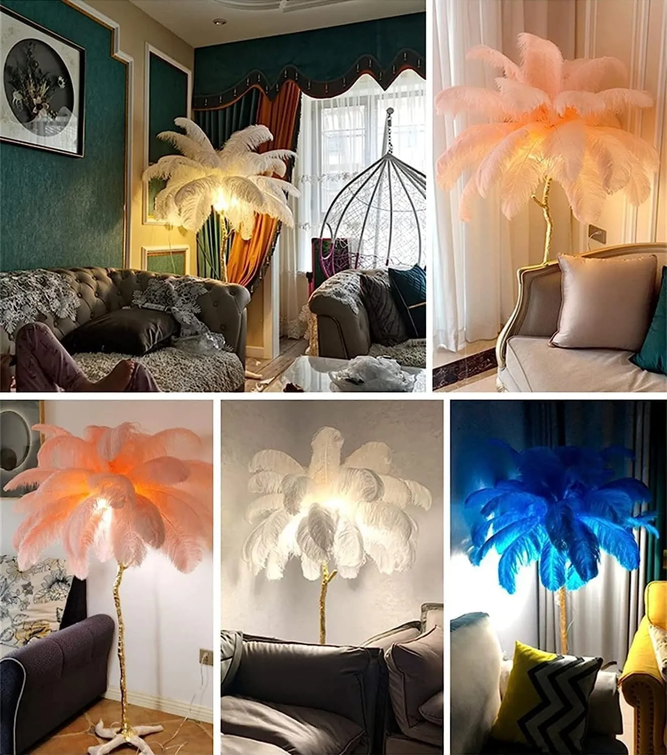 Ostrich Feather lamp,Resin Feather lamp with Natural Ostrich Feathers (Contains Light Sources) Have Footswitch Dimmable Floor Lamp (90x170cm(35×67inch),Rouge Pink)