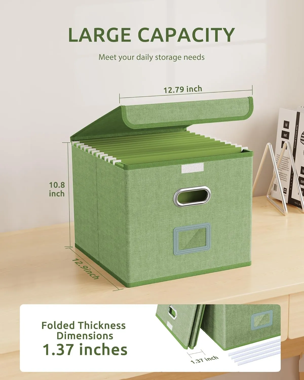 Oterri 2 Pack File Organizer Box,File Box,Small File Cabinet for Letter Folders,Light Green Portable Filing Box,Hanging File Folder Organizer Box with Lid for Office/Decor/Home- without Folders