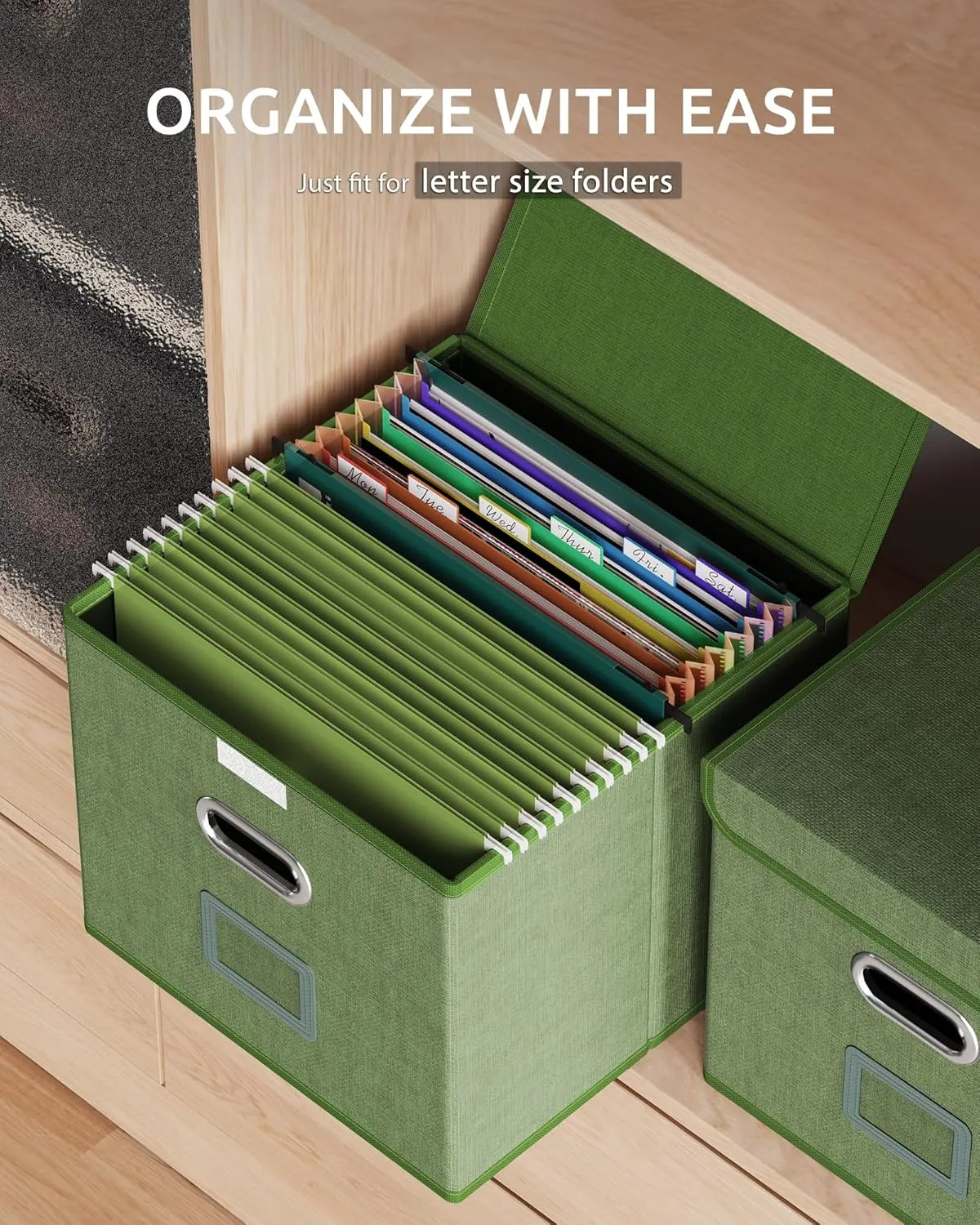 Oterri 2 Pack File Organizer Box,File Box,Small File Cabinet for Letter Folders,Light Green Portable Filing Box,Hanging File Folder Organizer Box with Lid for Office/Decor/Home- without Folders