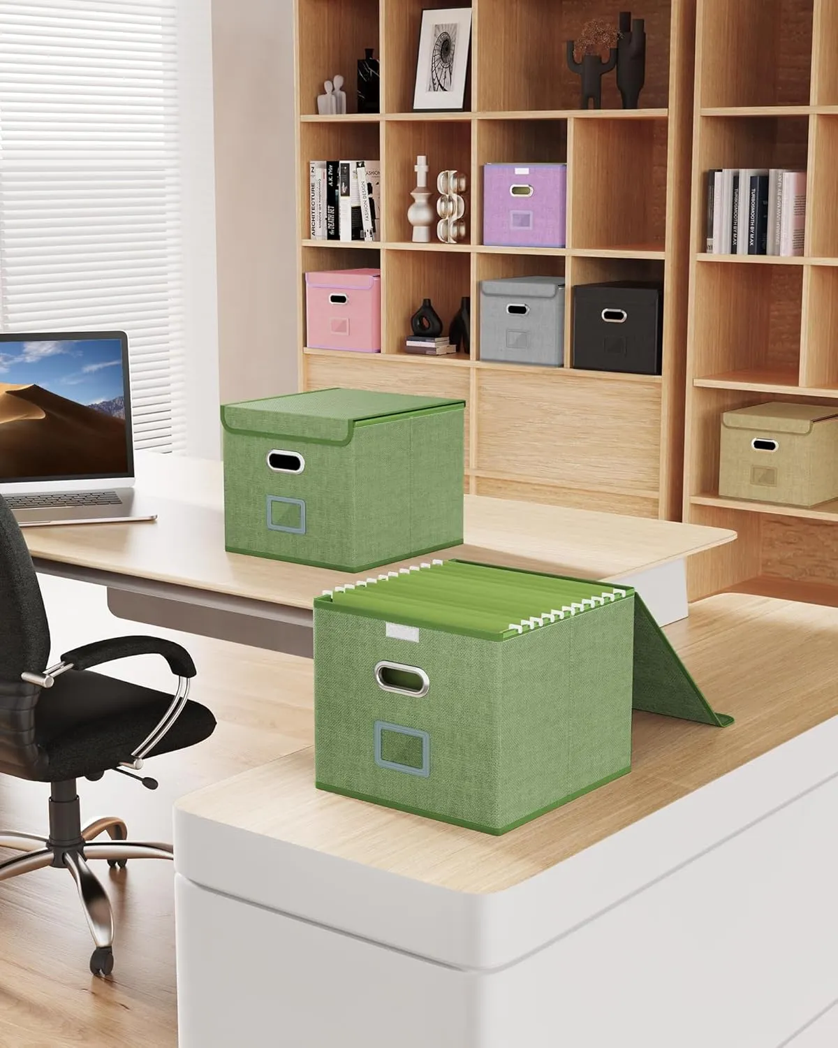 Oterri 2 Pack File Organizer Box,File Box,Small File Cabinet for Letter Folders,Light Green Portable Filing Box,Hanging File Folder Organizer Box with Lid for Office/Decor/Home- without Folders