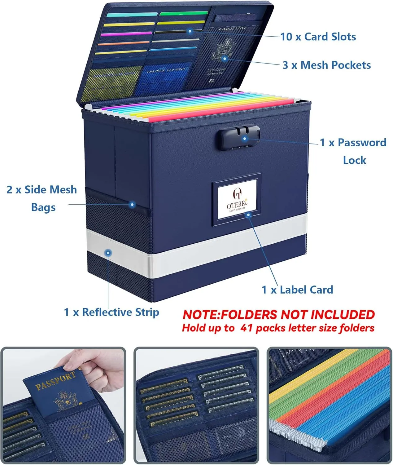 Oterri 2 Pack Fireproof Document Box With Lock, Portable File Safe Box Fireproof Waterproof For Letter Files, Collapsible Fireproof File Box With Handle (Blue, 2 Pack)