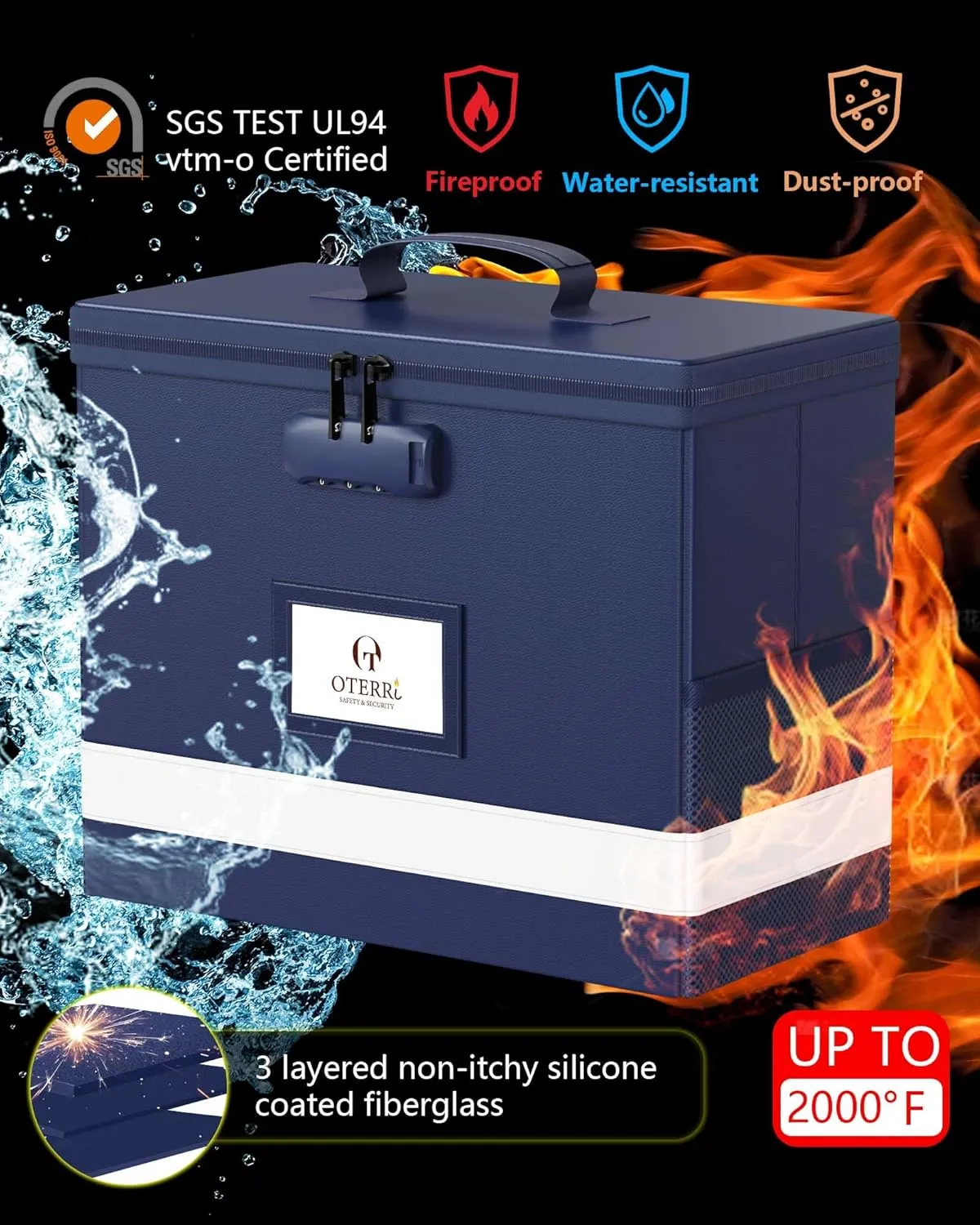 Oterri 2 Pack Fireproof Document Box With Lock, Portable File Safe Box Fireproof Waterproof For Letter Files, Collapsible Fireproof File Box With Handle (Blue, 2 Pack)