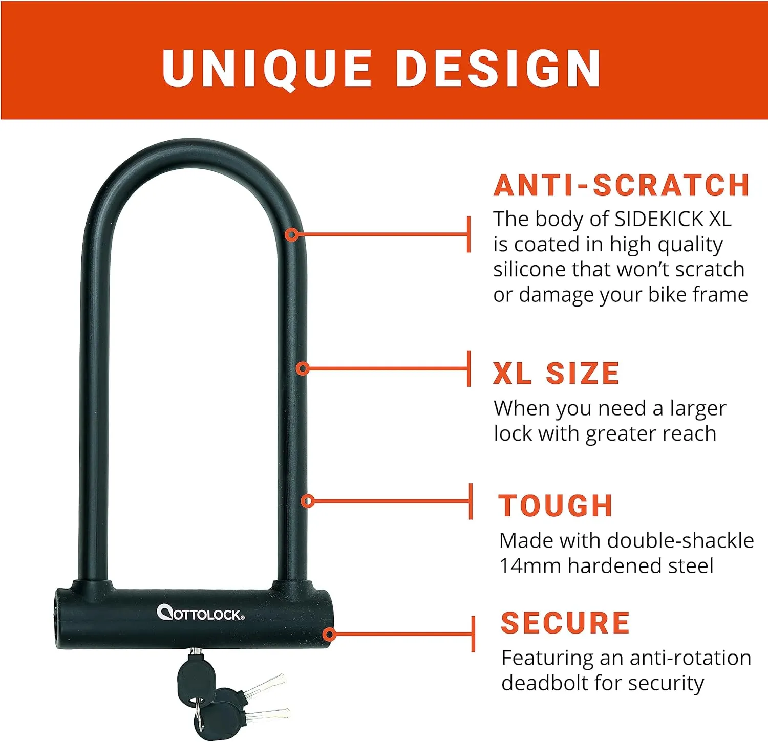 OTTOLOCK Sidekick XL Full-Size U-Lock - Heavy Duty Anti Theft Bicycle U-Lock with Keys, Silicone-Coated, Bike Accessories, Black