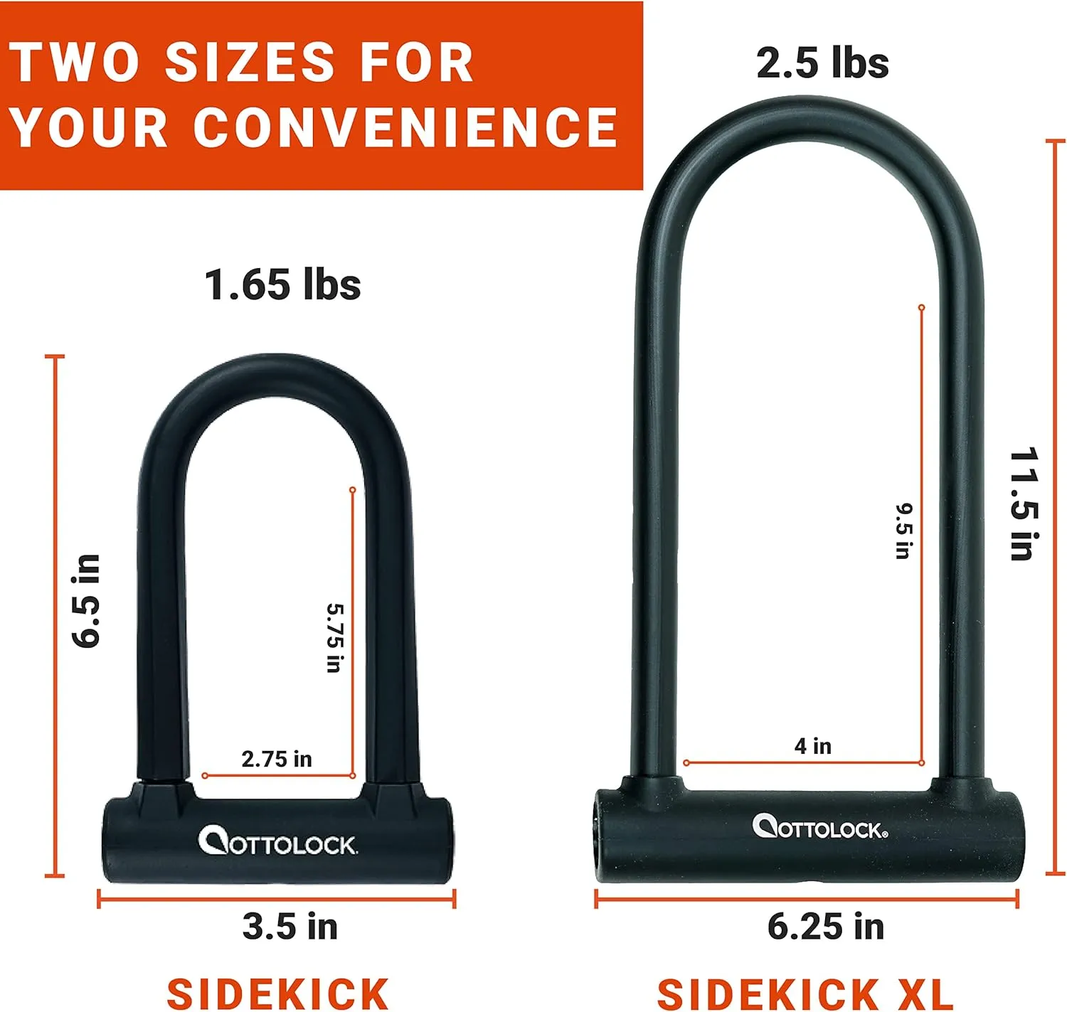 OTTOLOCK Sidekick XL Full-Size U-Lock - Heavy Duty Anti Theft Bicycle U-Lock with Keys, Silicone-Coated, Bike Accessories, Black