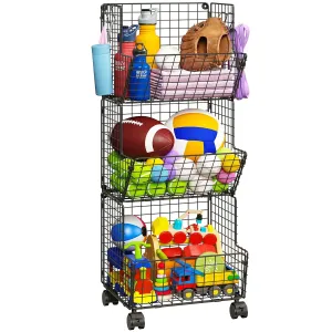 Outdoor Toy Storage, Play Kitchen Organizer with 5 S-Hooks, Rolling Garage Basket, Pantry Floor Snack Cart,Toy Shelf Dog Storage Organizer Kids Bookshelf