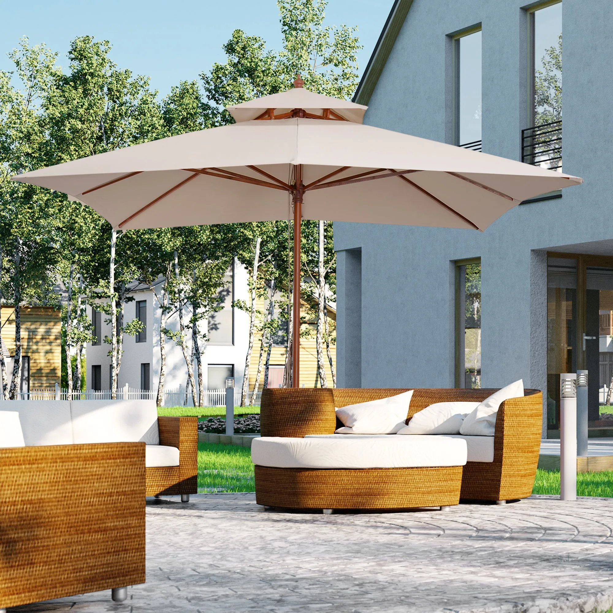 Outsunny Patio Parasol 3x3M Beige Double Tier