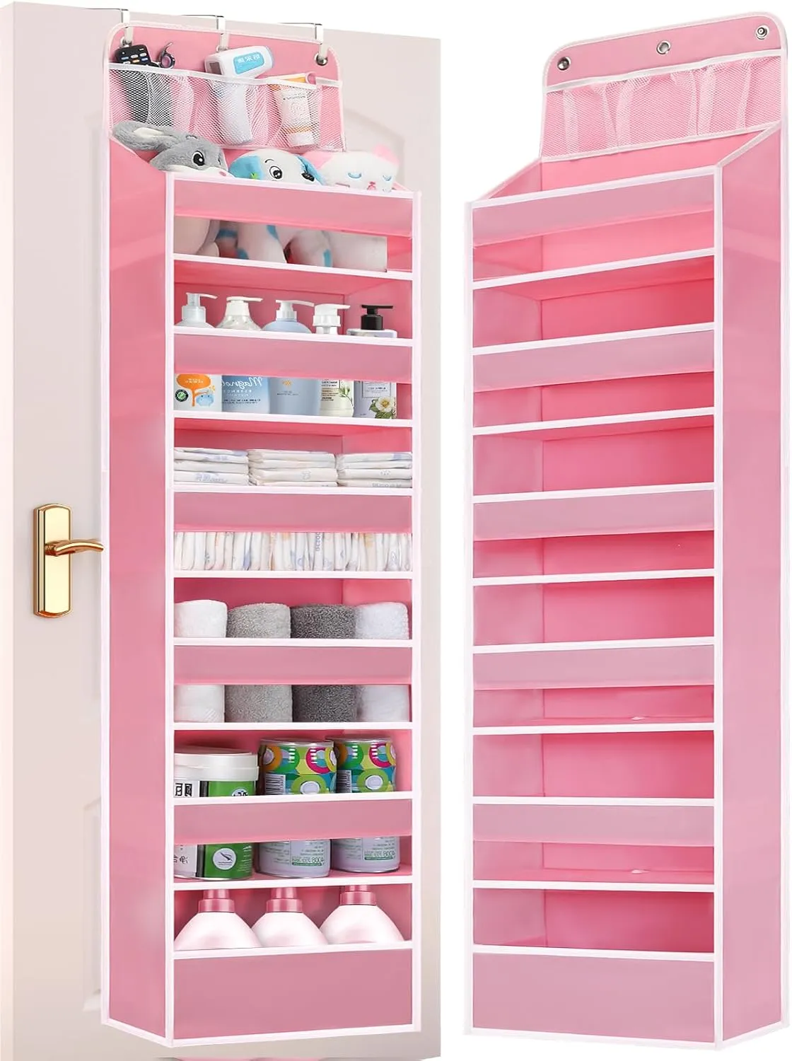 Over Door Hanging Organizer, No Tilt Baby Closet Organizer for Diaper Kids Toys Storage, Newborn Essentials Nursery Bathroom (6 Tier Pink)