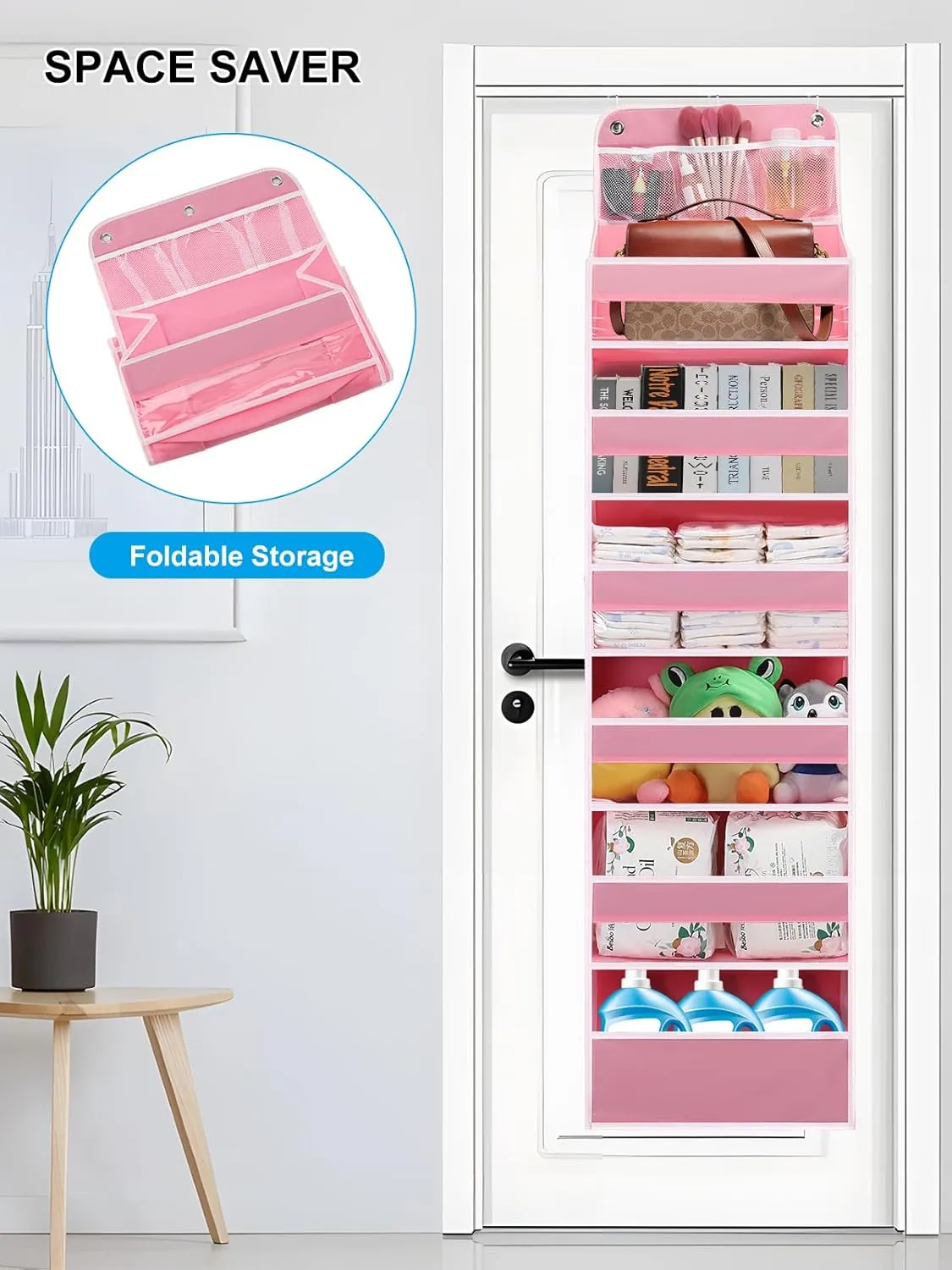 Over Door Hanging Organizer, No Tilt Baby Closet Organizer for Diaper Kids Toys Storage, Newborn Essentials Nursery Bathroom (6 Tier Pink)