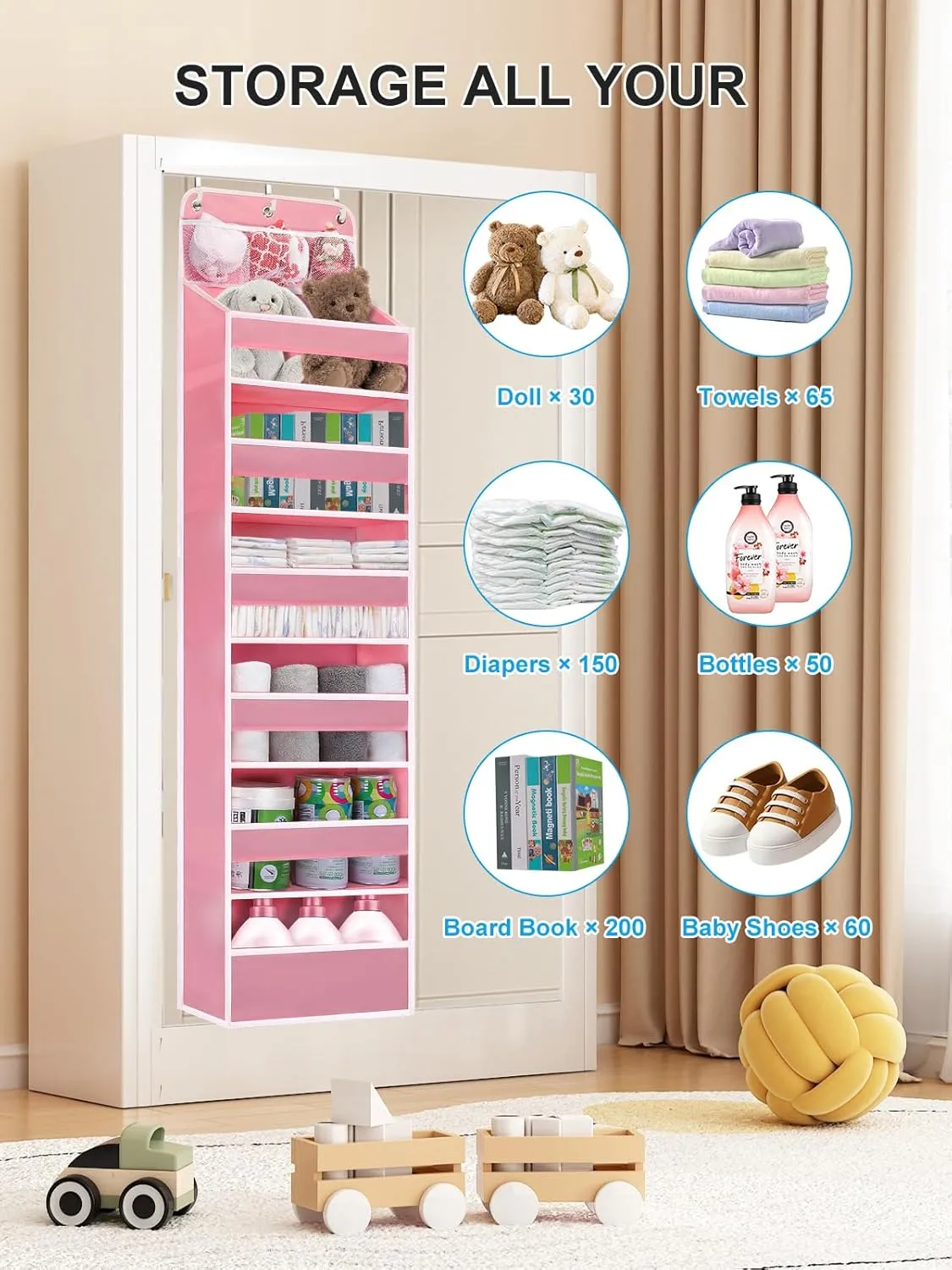 Over Door Hanging Organizer, No Tilt Baby Closet Organizer for Diaper Kids Toys Storage, Newborn Essentials Nursery Bathroom (6 Tier Pink)