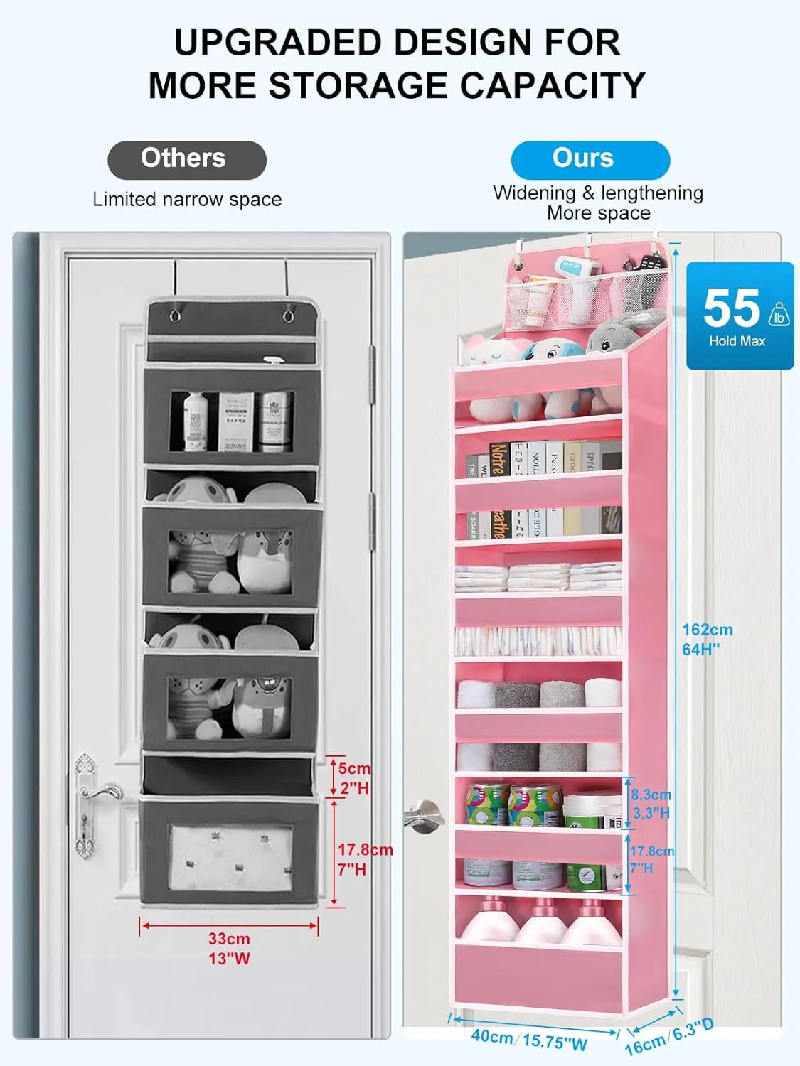Over Door Hanging Organizer, No Tilt Baby Closet Organizer for Diaper Kids Toys Storage, Newborn Essentials Nursery Bathroom (6 Tier Pink)