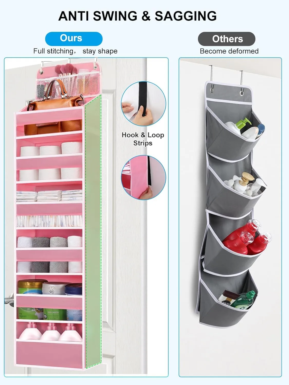 Over Door Hanging Organizer, No Tilt Baby Closet Organizer for Diaper Kids Toys Storage, Newborn Essentials Nursery Bathroom (6 Tier Pink)