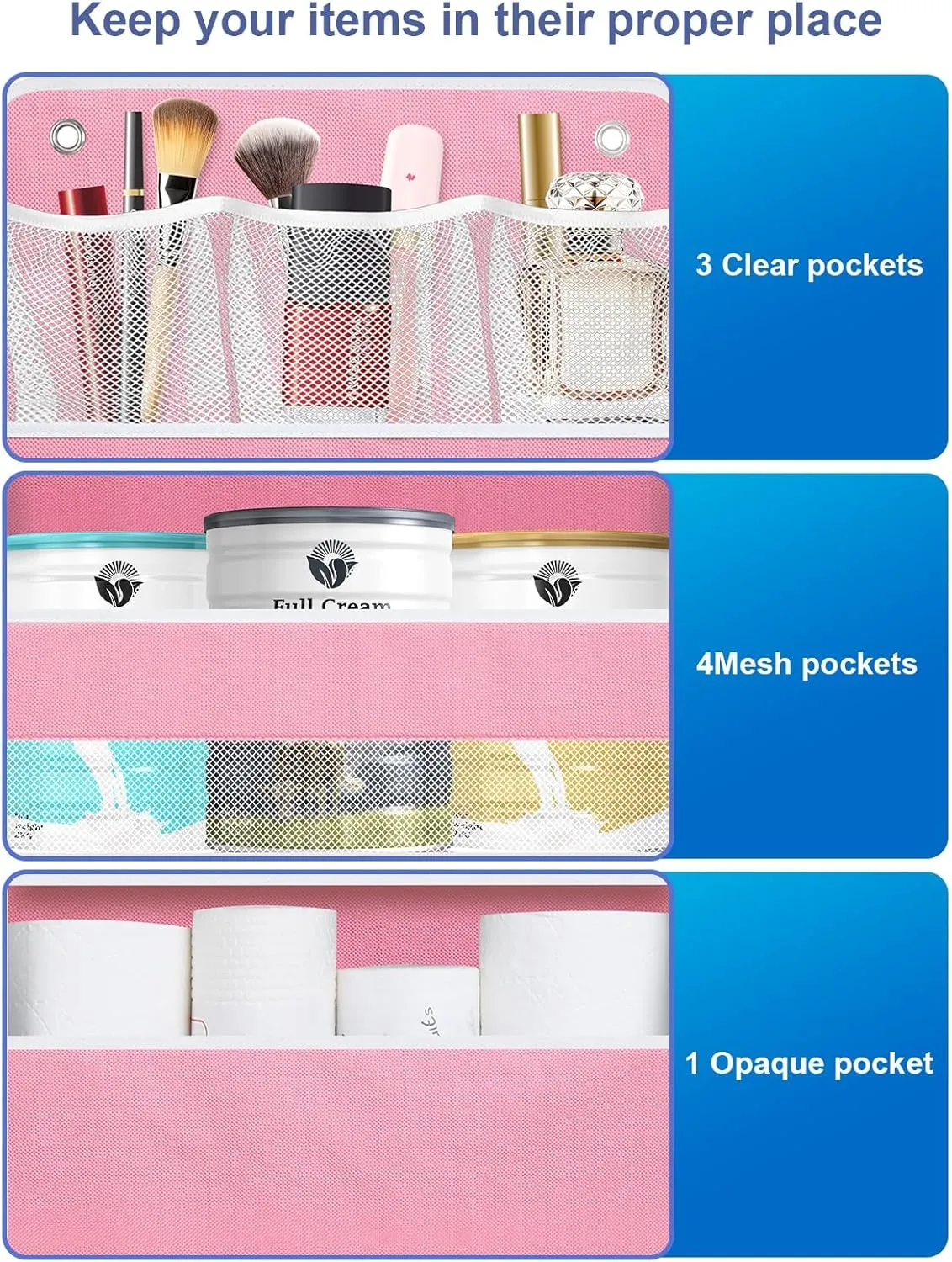 Over the Door Organizer, Closet Door Hanging Organizer with 5 Tier Large Capacity Pockets, Heavy Duty Pantry Behind Door Storage Organization for Bedroom Bathroom Nursery Kids Toys Diaper, Pink