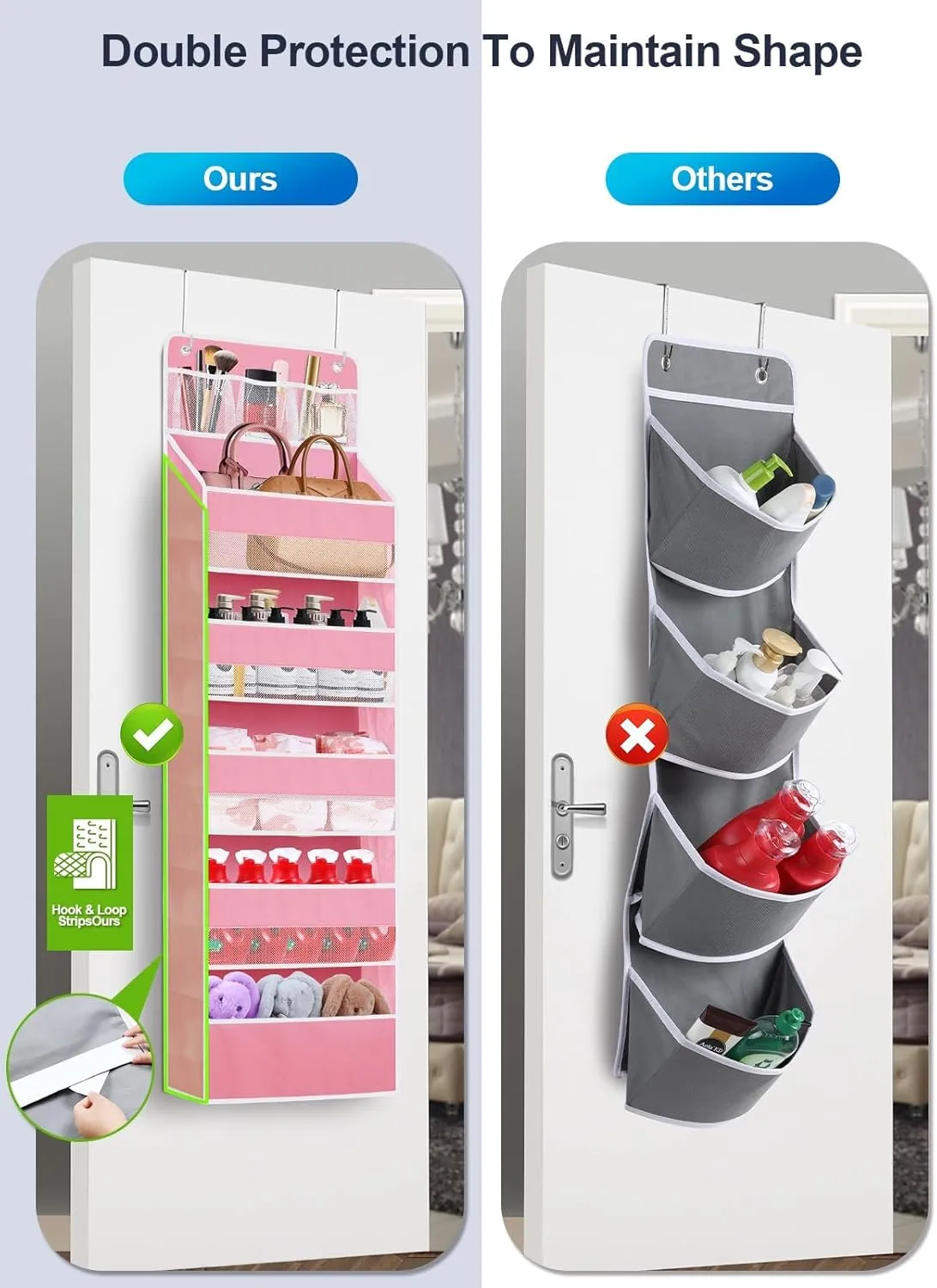 Over the Door Organizer, Closet Door Hanging Organizer with 5 Tier Large Capacity Pockets, Heavy Duty Pantry Behind Door Storage Organization for Bedroom Bathroom Nursery Kids Toys Diaper, Pink
