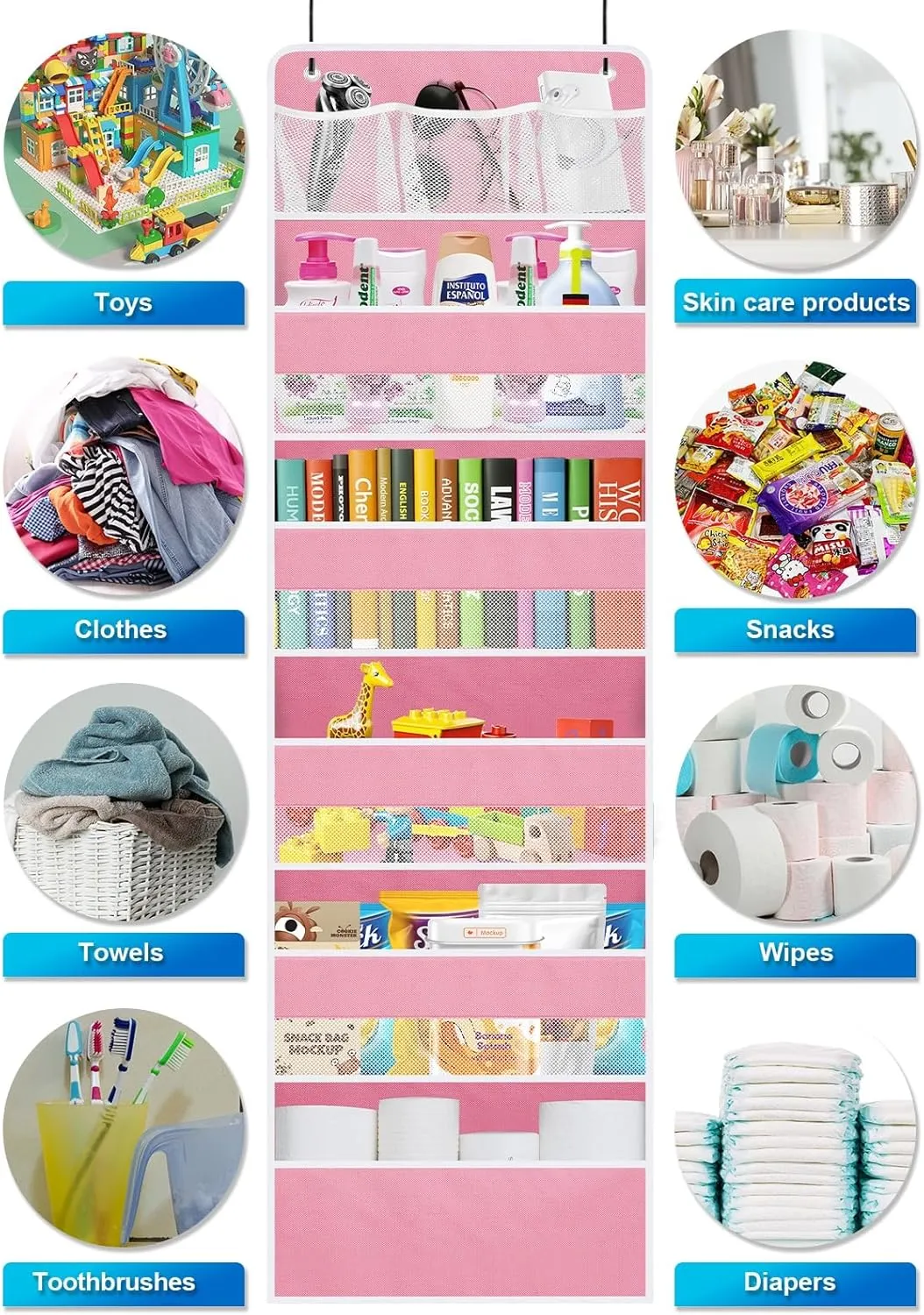 Over the Door Organizer, Closet Door Hanging Organizer with 5 Tier Large Capacity Pockets, Heavy Duty Pantry Behind Door Storage Organization for Bedroom Bathroom Nursery Kids Toys Diaper, Pink