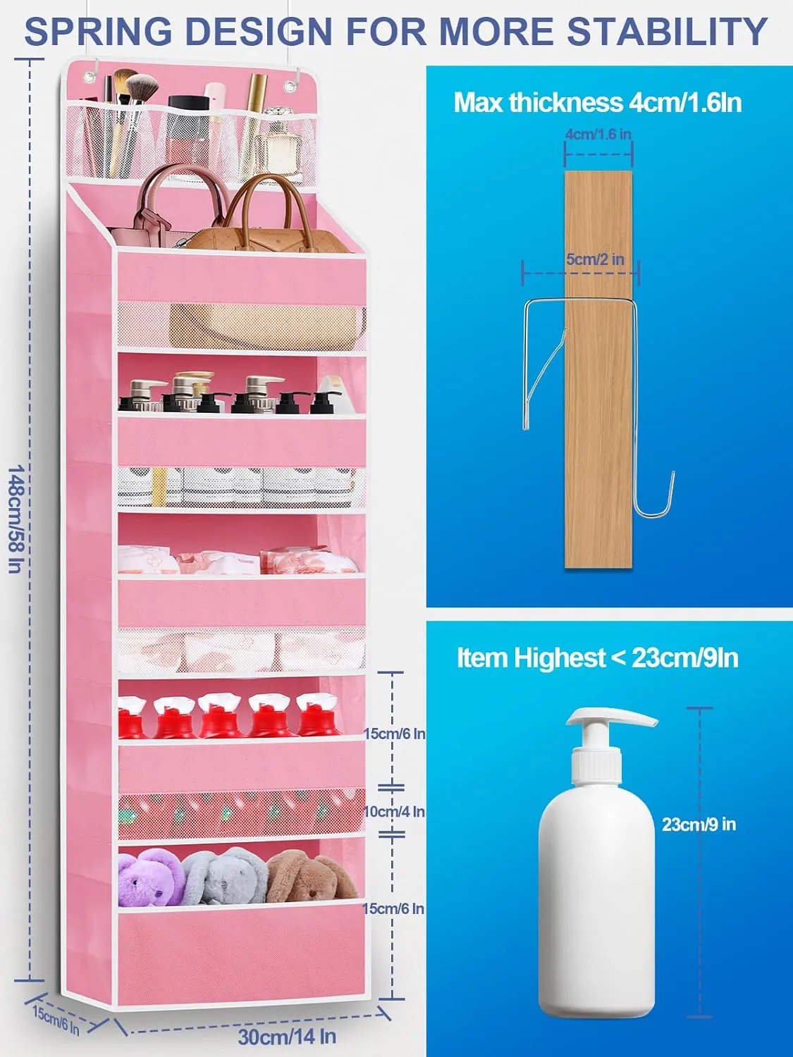 Over the Door Organizer, Closet Door Hanging Organizer with 5 Tier Large Capacity Pockets, Heavy Duty Pantry Behind Door Storage Organization for Bedroom Bathroom Nursery Kids Toys Diaper, Pink