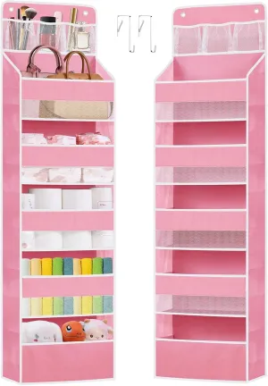 Over the Door Organizer, Closet Door Hanging Organizer with 5 Tier Large Capacity Pockets, Heavy Duty Pantry Behind Door Storage Organization for Bedroom Bathroom Nursery Kids Toys Diaper, Pink