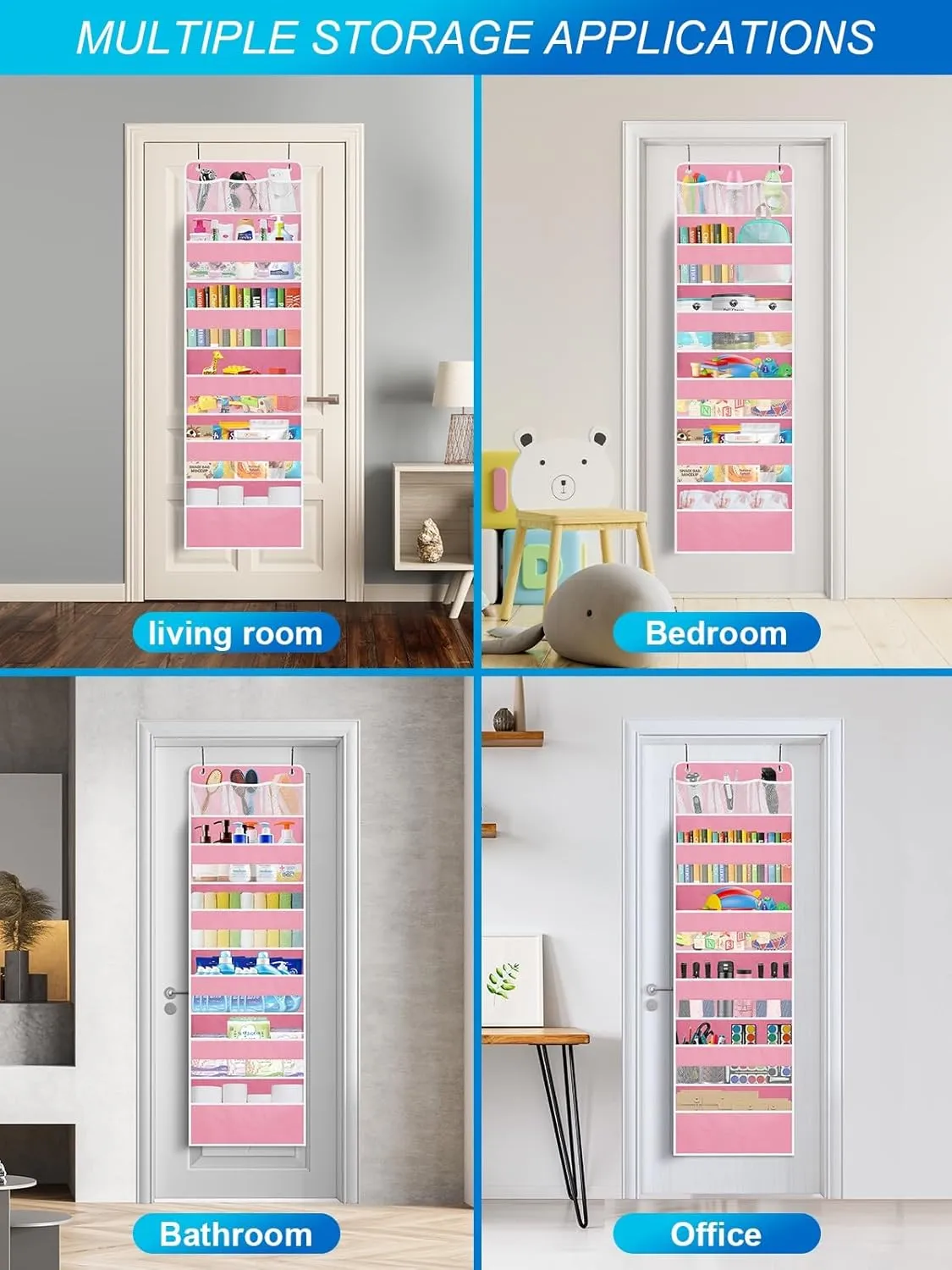 Over the Door Organizer, Closet Door Hanging Organizer with 5 Tier Large Capacity Pockets, Heavy Duty Pantry Behind Door Storage Organization for Bedroom Bathroom Nursery Kids Toys Diaper, Pink