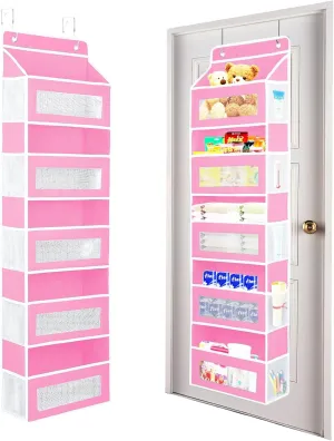 Over The Door Organizer Storage, 5 Shelf Hanging Door Organizer with 5 Large Capacity Pockets, Anti Tilt 44 lb Load Behind Door Storage for Bedroom, Bathroom, Pantry, Nursery, (Pink)