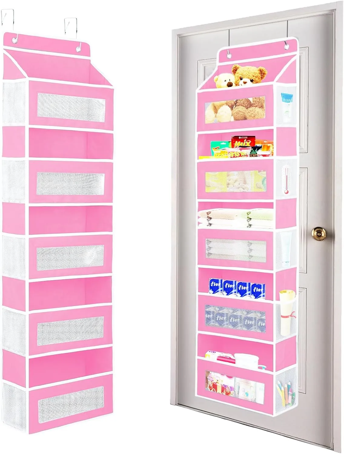 Over The Door Organizer Storage, 5 Shelf Hanging Door Organizer with 5 Large Capacity Pockets, Anti Tilt 44 lb Load Behind Door Storage for Bedroom, Bathroom, Pantry, Nursery, (Pink)