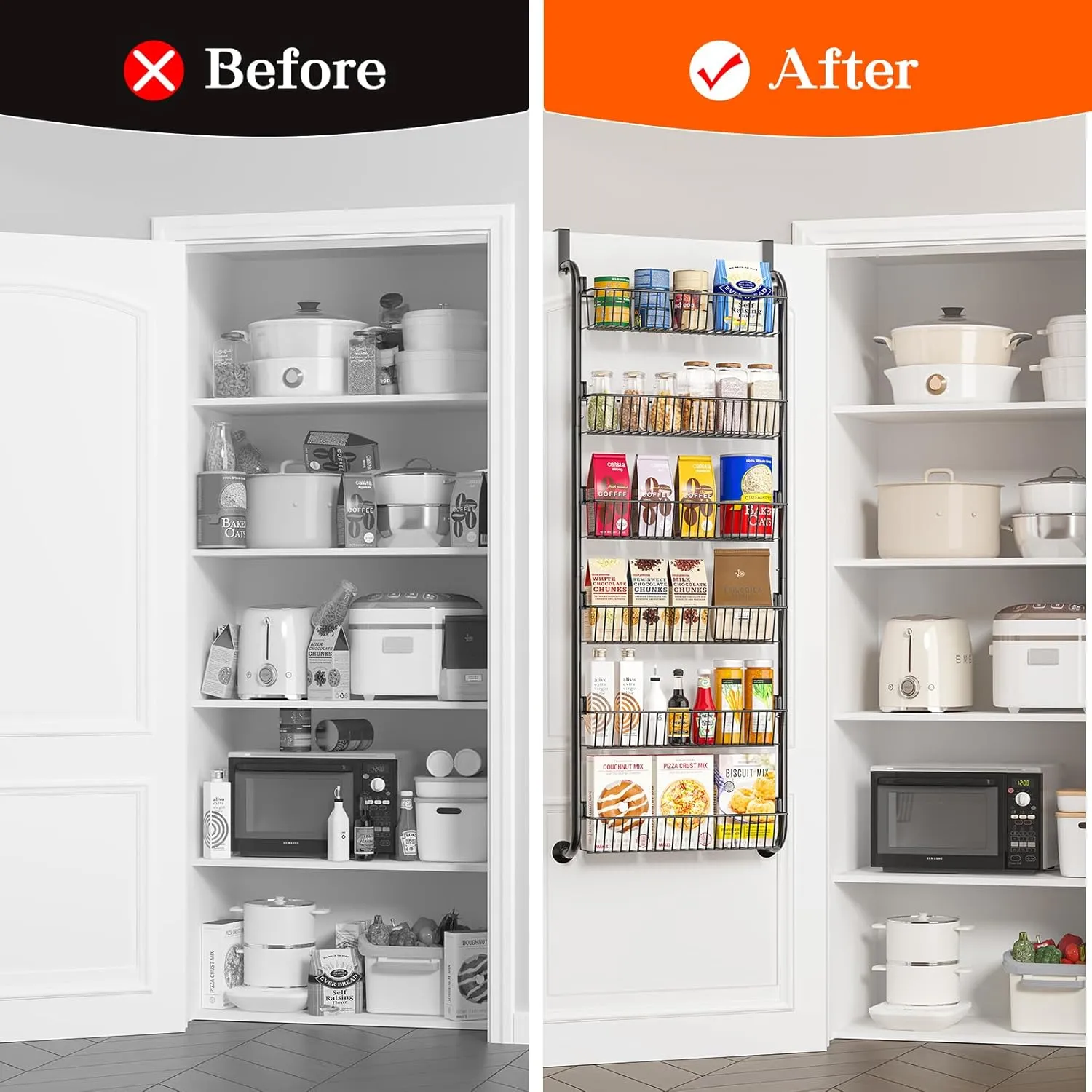 Over The Door Pantry Organizers and Storage, 6-Tier Spice Rack, Home & Kitchen Storage Shelves for Cabinet, Large Capacity Hanging Seasoning Organizer, Laundry Room Organization, Black