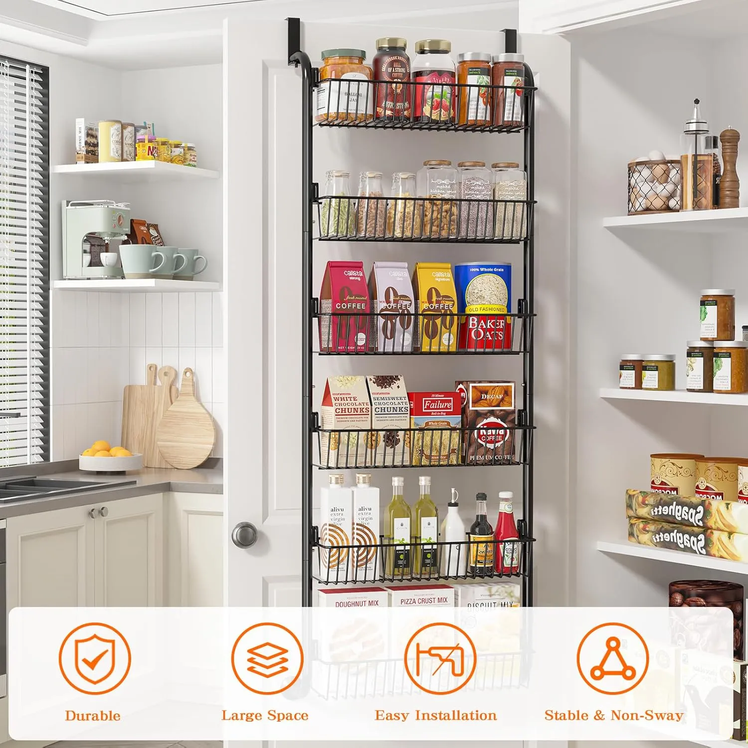 Over The Door Pantry Organizers and Storage, 6-Tier Spice Rack, Home & Kitchen Storage Shelves for Cabinet, Large Capacity Hanging Seasoning Organizer, Laundry Room Organization, Black