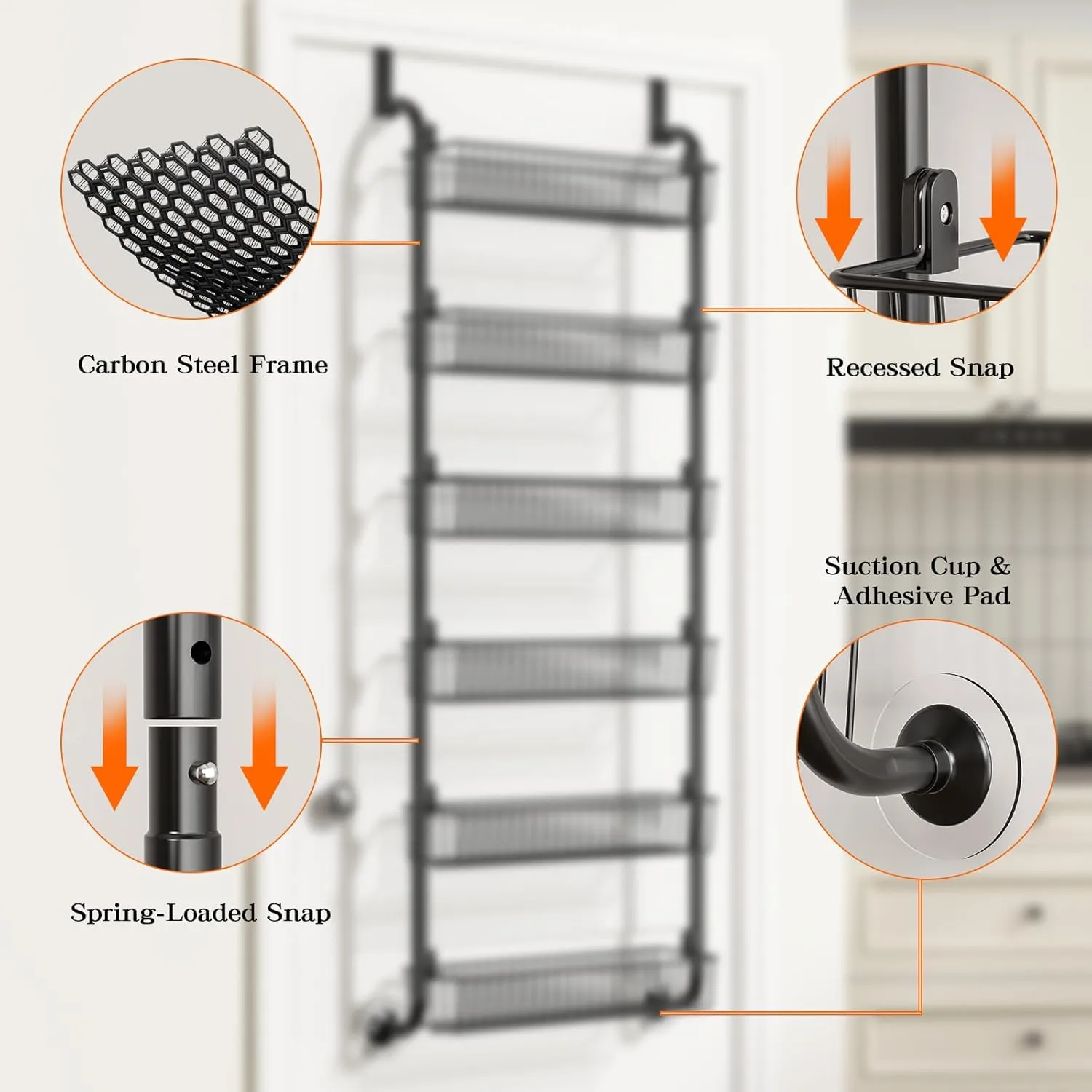 Over The Door Pantry Organizers and Storage, 6-Tier Spice Rack, Home & Kitchen Storage Shelves for Cabinet, Large Capacity Hanging Seasoning Organizer, Laundry Room Organization, Black