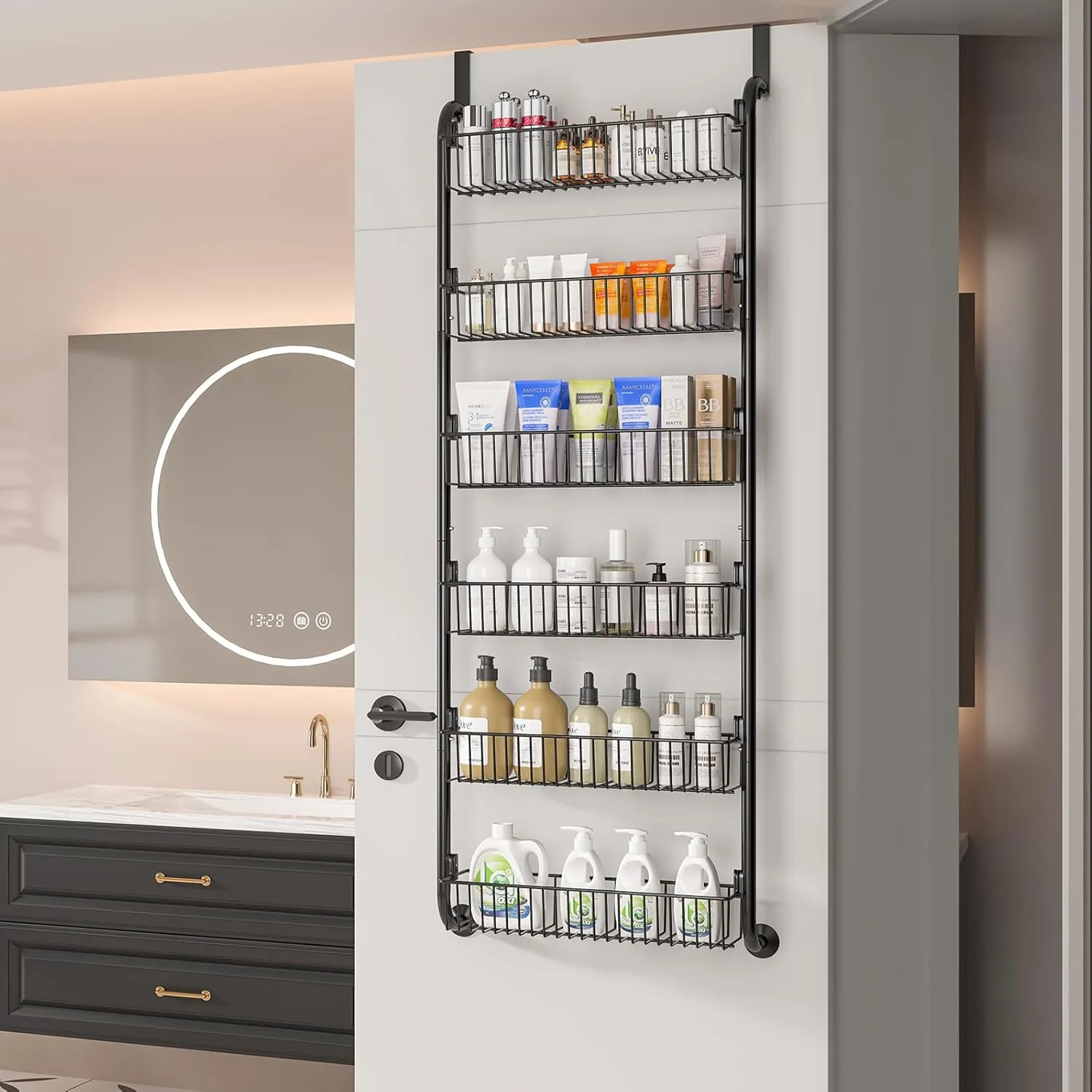 Over The Door Pantry Organizers and Storage, 6-Tier Spice Rack, Home & Kitchen Storage Shelves for Cabinet, Large Capacity Hanging Seasoning Organizer, Laundry Room Organization, Black