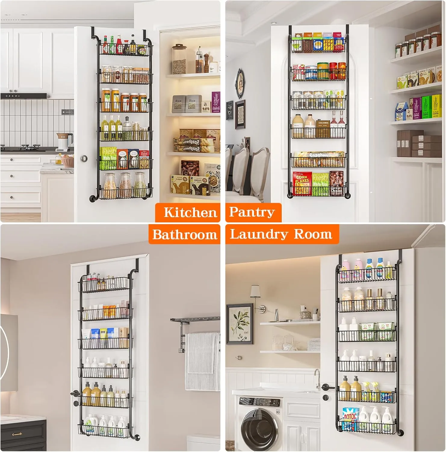 Over The Door Pantry Organizers and Storage, 6-Tier Spice Rack, Home & Kitchen Storage Shelves for Cabinet, Large Capacity Hanging Seasoning Organizer, Laundry Room Organization, Black
