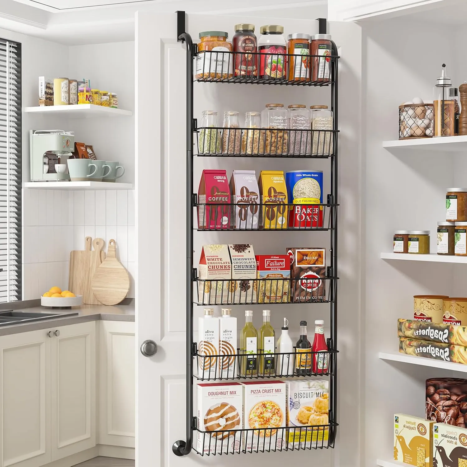 Over The Door Pantry Organizers and Storage, 6-Tier Spice Rack, Home & Kitchen Storage Shelves for Cabinet, Large Capacity Hanging Seasoning Organizer, Laundry Room Organization, Black