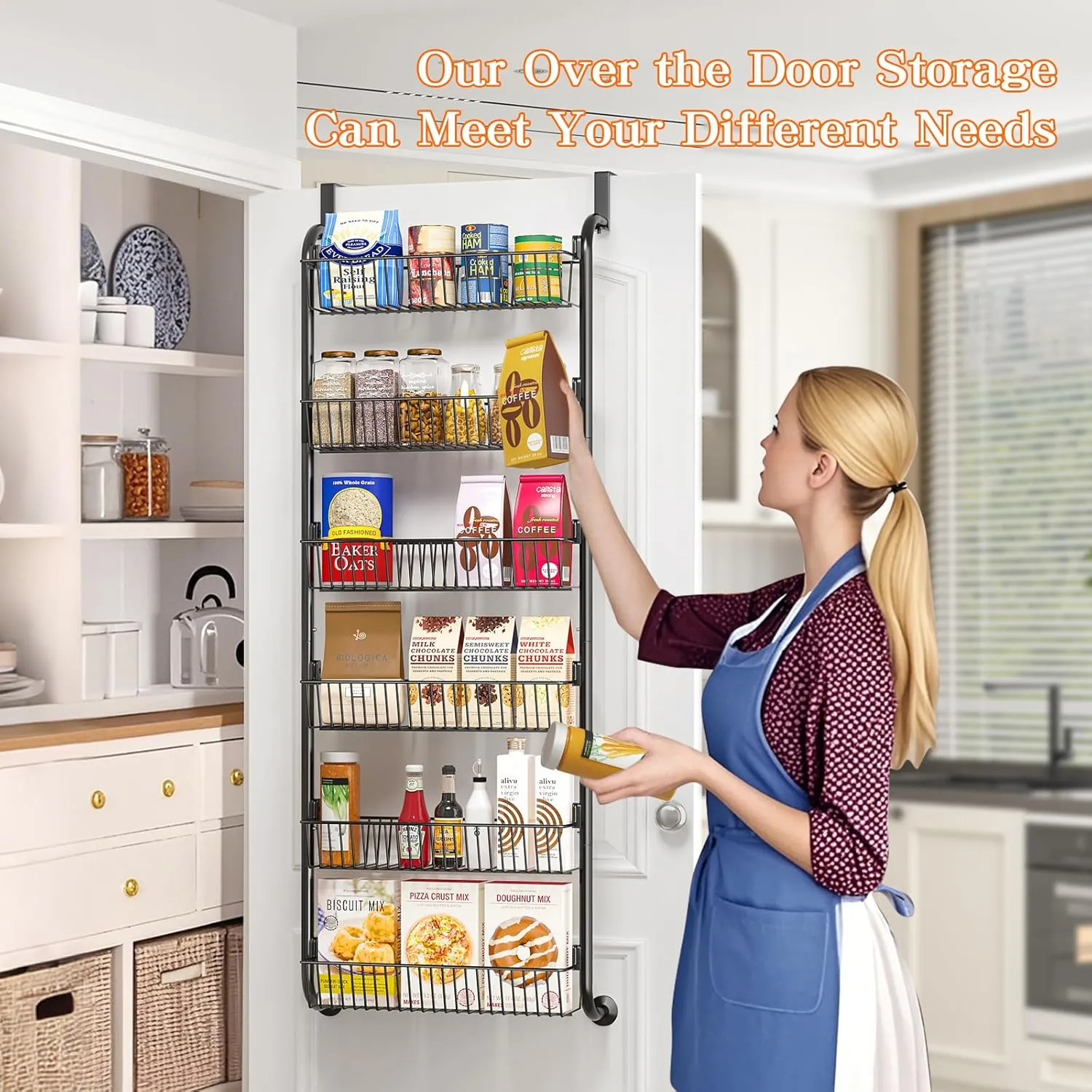 Over The Door Pantry Organizers and Storage, 6-Tier Spice Rack, Home & Kitchen Storage Shelves for Cabinet, Large Capacity Hanging Seasoning Organizer, Laundry Room Organization, Black