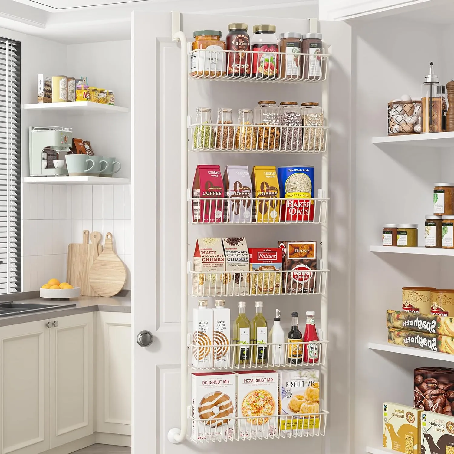 Over the Door Pantry Organizers and Storage, 6-Tier Spice Rack, Home & Kitchen Storage Shelves for Cabinet, Large Capacity Hanging Seasoning Organizer, Laundry Room Organization, White