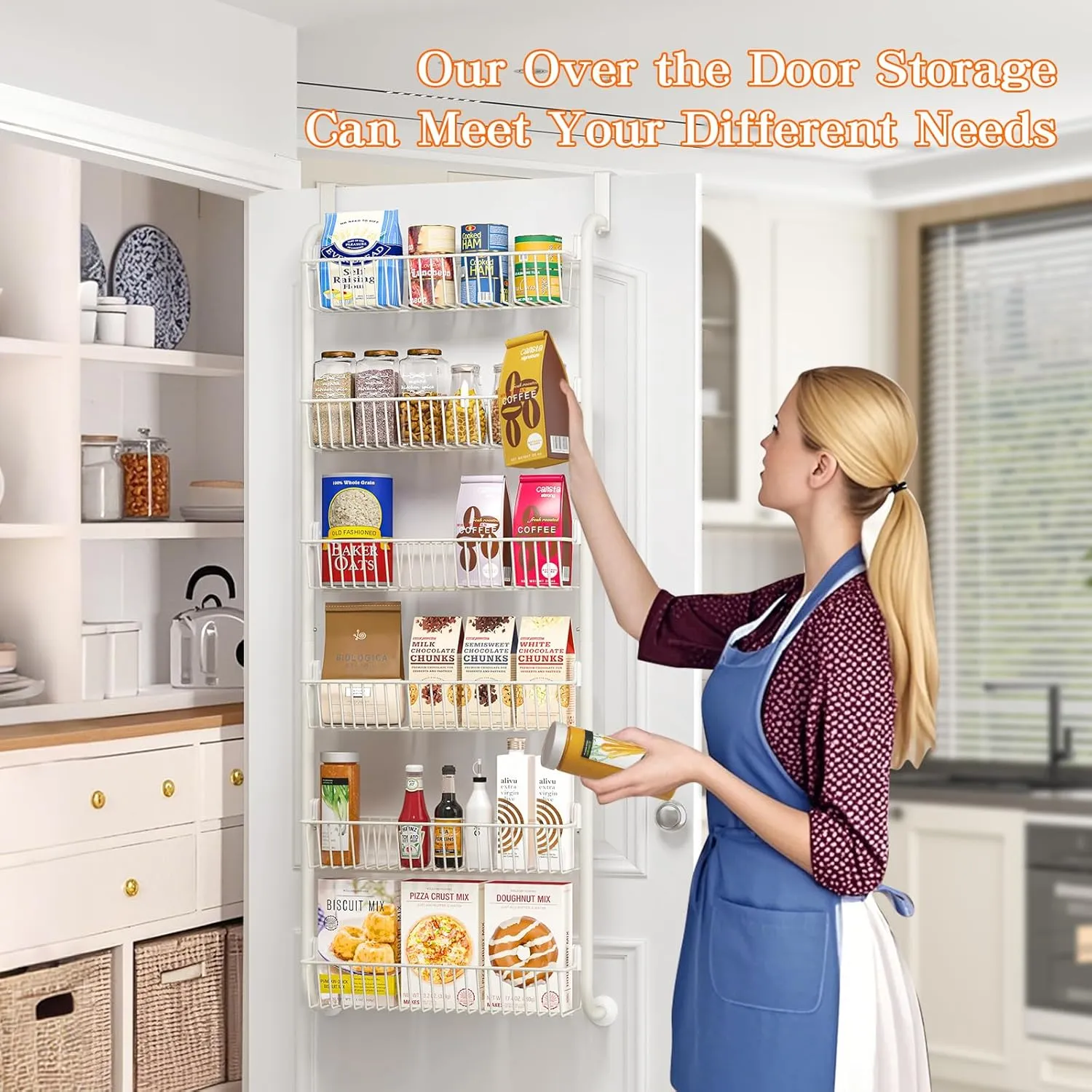 Over the Door Pantry Organizers and Storage, 6-Tier Spice Rack, Home & Kitchen Storage Shelves for Cabinet, Large Capacity Hanging Seasoning Organizer, Laundry Room Organization, White