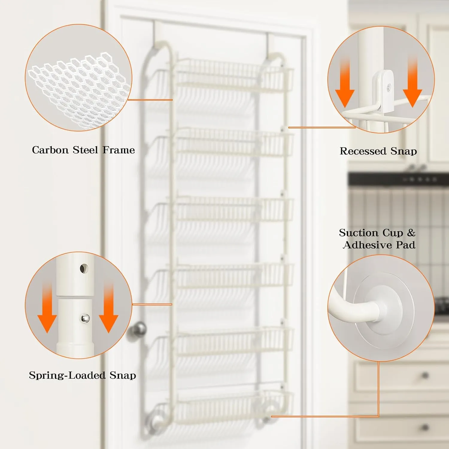 Over the Door Pantry Organizers and Storage, 6-Tier Spice Rack, Home & Kitchen Storage Shelves for Cabinet, Large Capacity Hanging Seasoning Organizer, Laundry Room Organization, White
