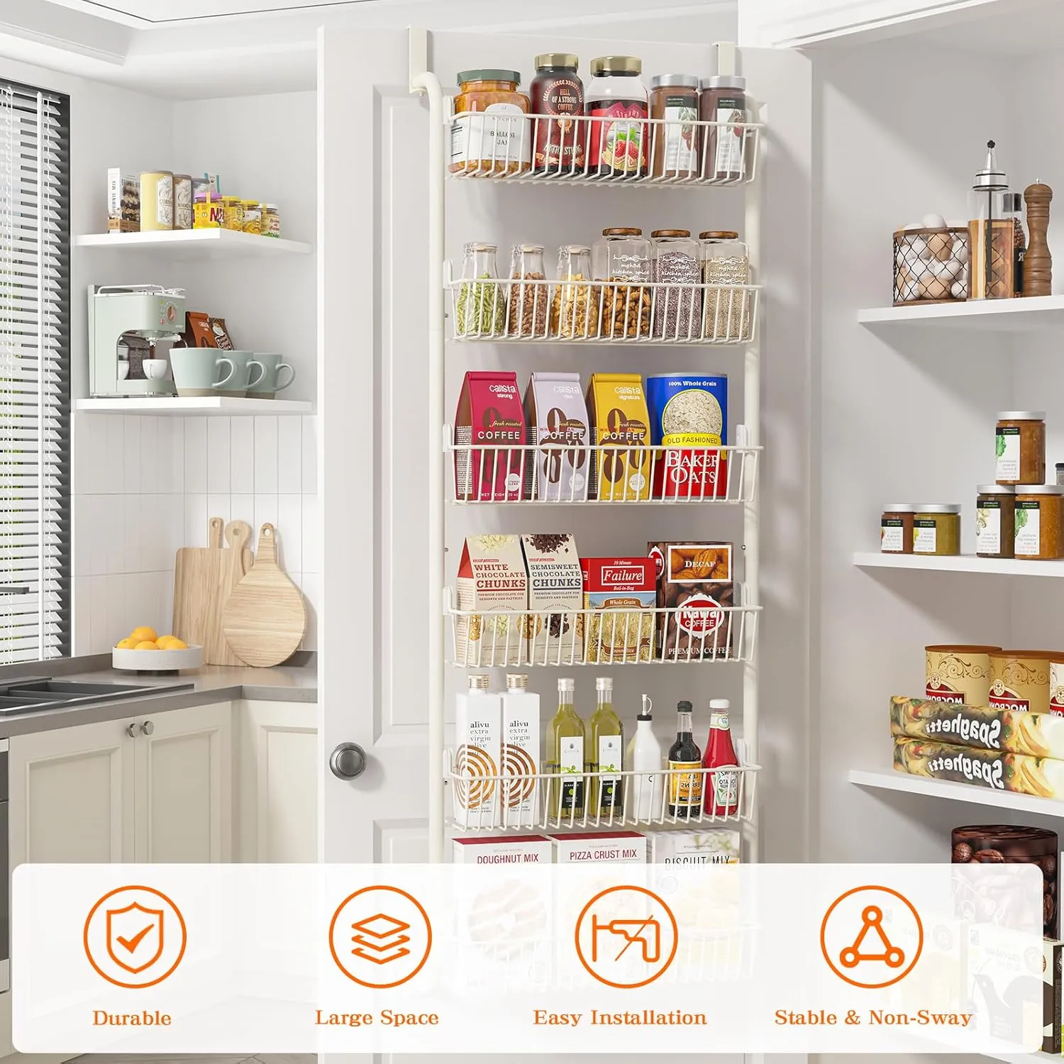 Over the Door Pantry Organizers and Storage, 6-Tier Spice Rack, Home & Kitchen Storage Shelves for Cabinet, Large Capacity Hanging Seasoning Organizer, Laundry Room Organization, White