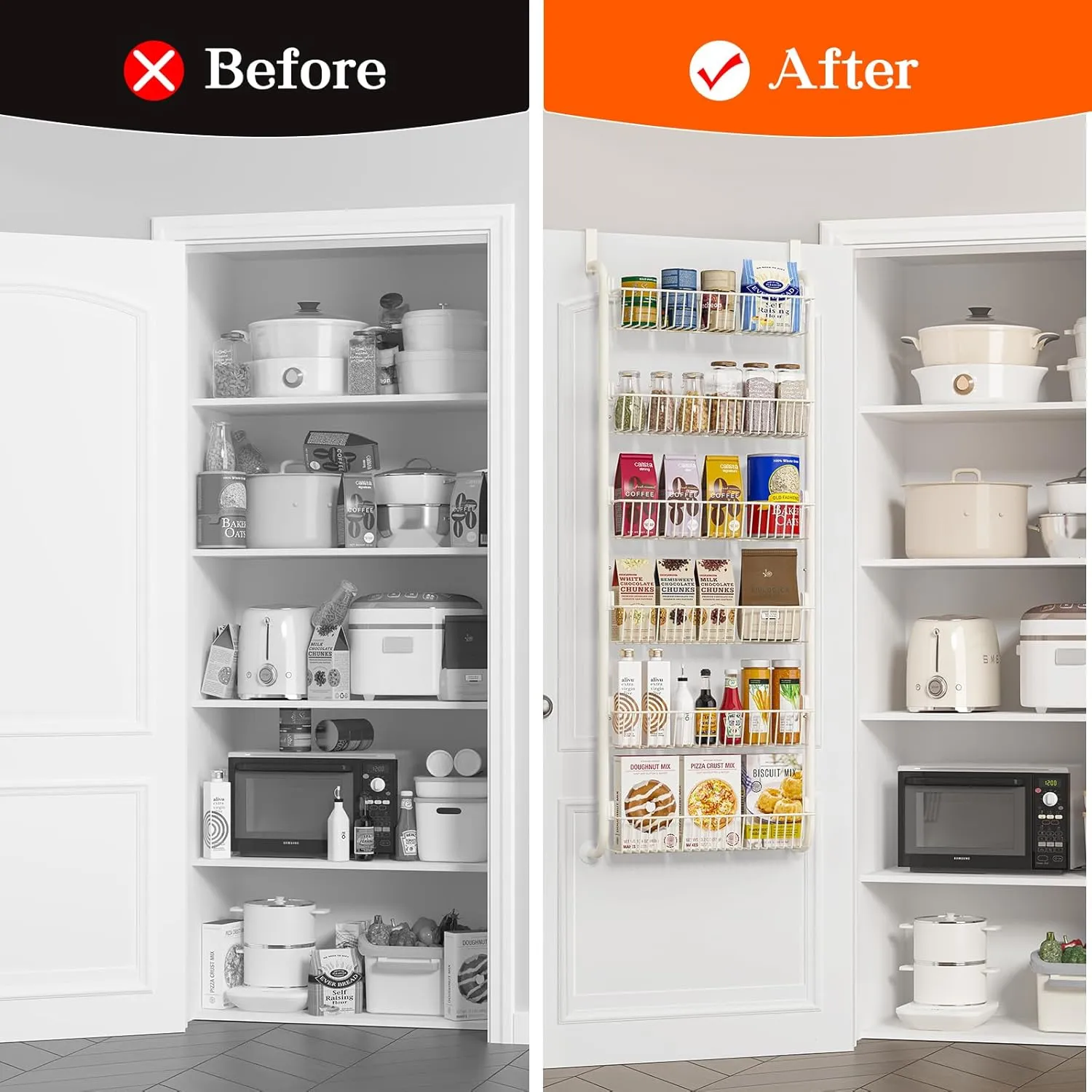 Over the Door Pantry Organizers and Storage, 6-Tier Spice Rack, Home & Kitchen Storage Shelves for Cabinet, Large Capacity Hanging Seasoning Organizer, Laundry Room Organization, White