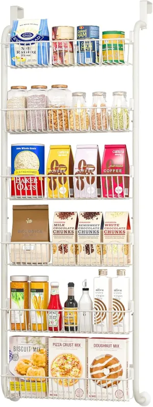 Over the Door Pantry Organizers and Storage, 6-Tier Spice Rack, Home & Kitchen Storage Shelves for Cabinet, Large Capacity Hanging Seasoning Organizer, Laundry Room Organization, White