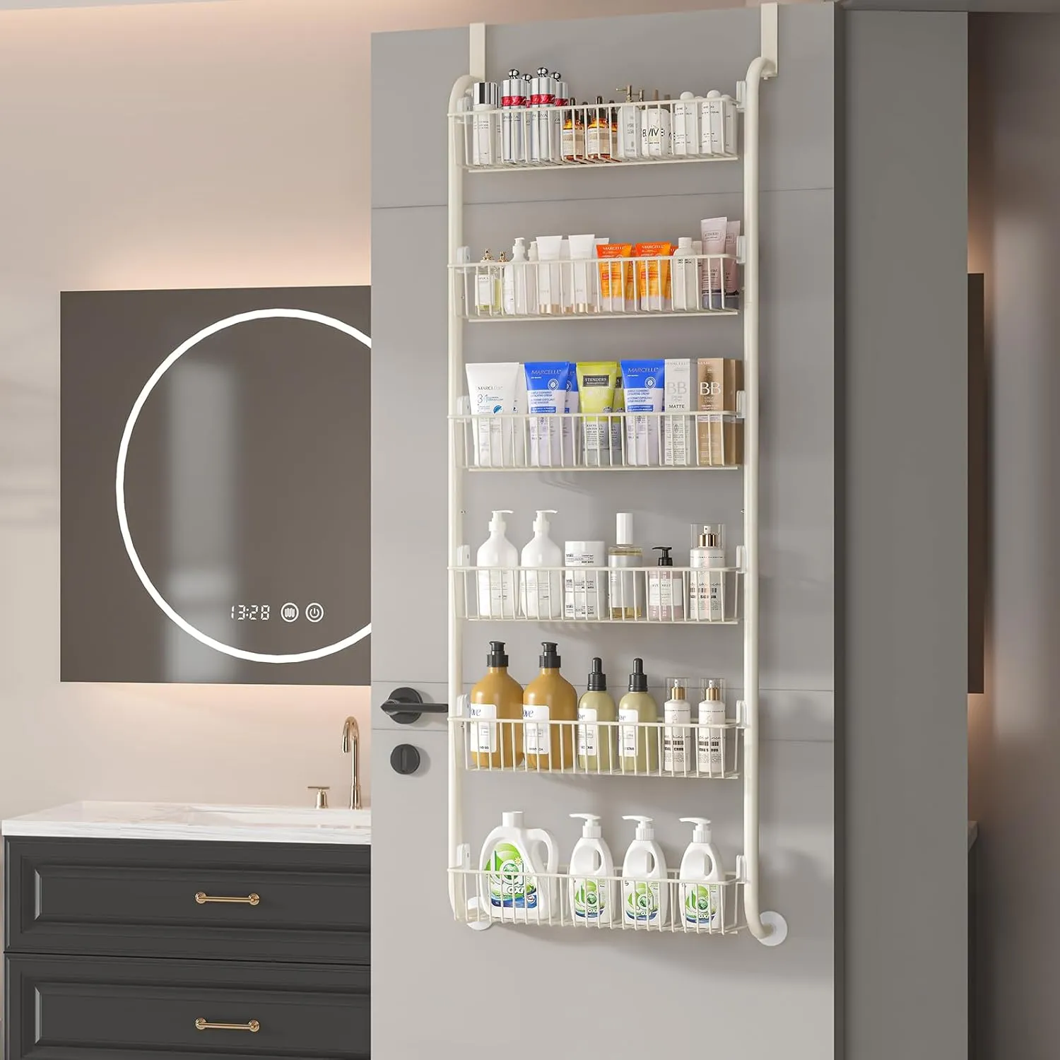 Over the Door Pantry Organizers and Storage, 6-Tier Spice Rack, Home & Kitchen Storage Shelves for Cabinet, Large Capacity Hanging Seasoning Organizer, Laundry Room Organization, White