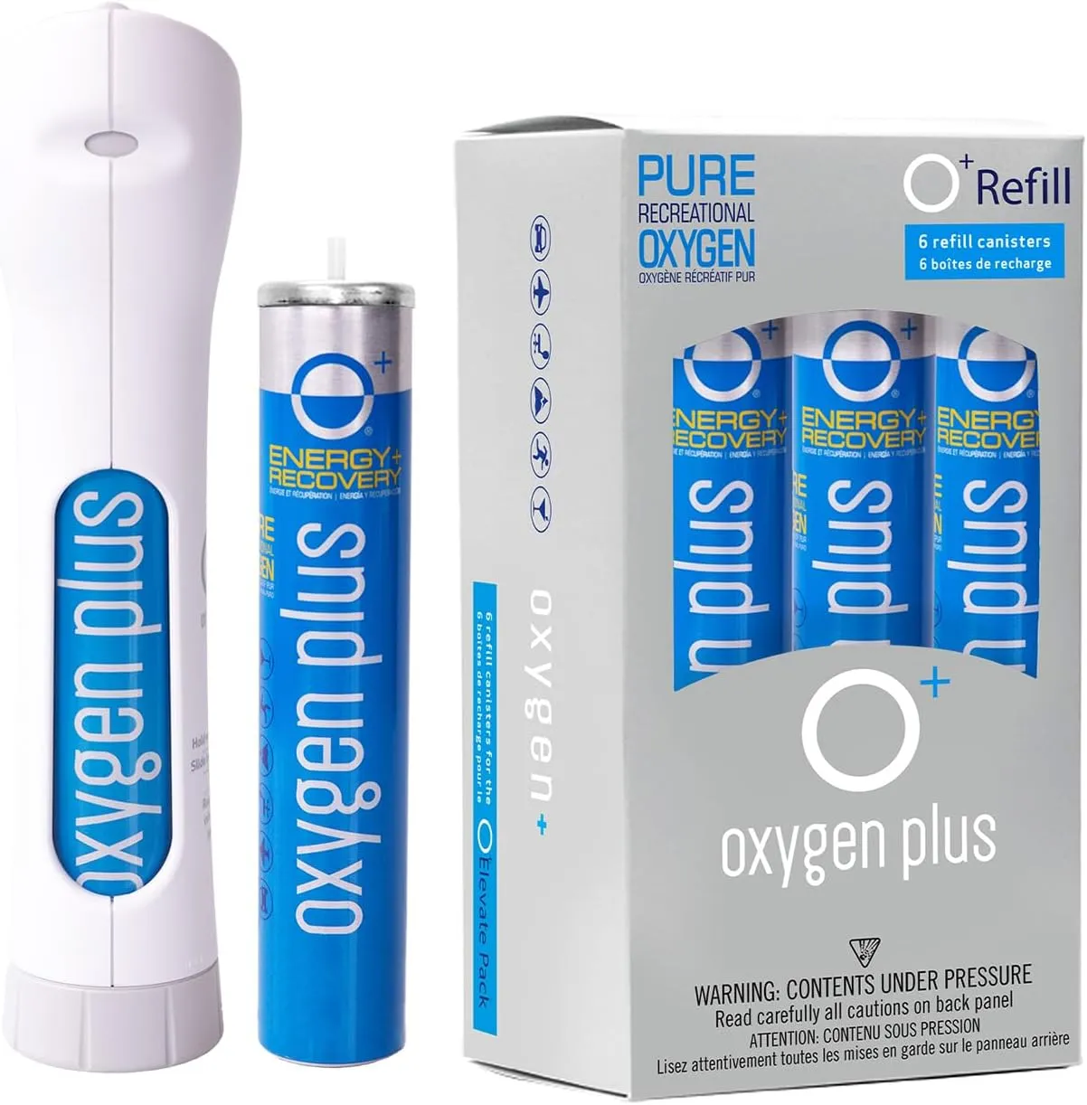 Oxygen Plus – O  Elevate Pack | Refillable Oxygen Dispenser, 8 Recyclable Refill Canisters | Filled with 99.5% Pure O2 | Natural Supplement to Boost Energy & Recovery | 12  Uses Per 3.4 Liter Canister