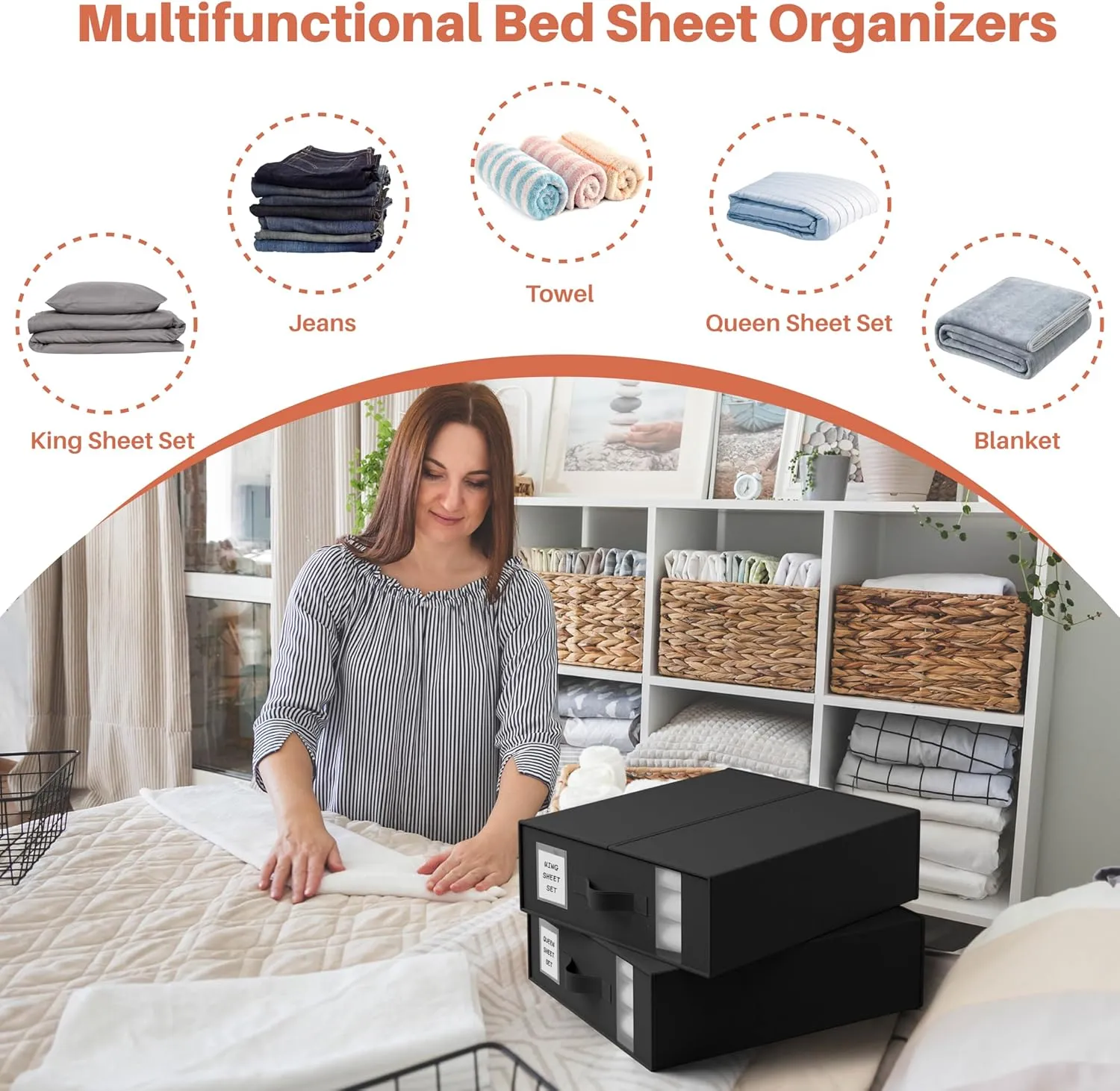 PARANTA Bed Sheet Organizers and Storage 8 Pack,Foldable Linen Closet Organizer,Twin Full Bed Sheet Organizers with Label Handle Window,Sheets Set Keeper for Blanket Duvet Cover Queen or King Black