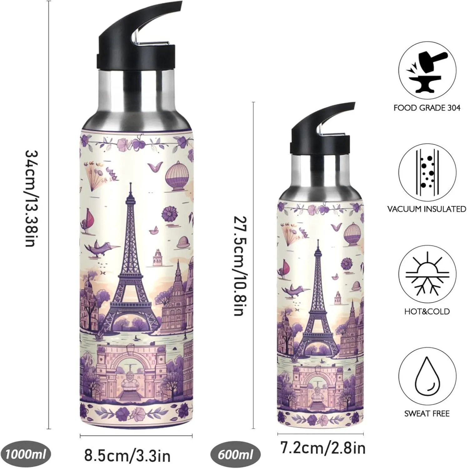 Paris Doodle Abstract Art Sport Water Bottle Insulated Stainless Steel Large Vacuum Flask Leak Proof Thermos with Straw for Travel(600ml/1000ml)