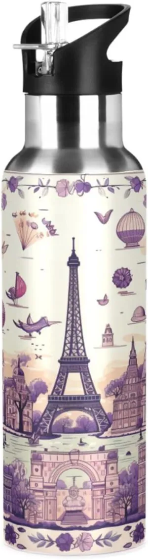 Paris Doodle Abstract Art Sport Water Bottle Insulated Stainless Steel Large Vacuum Flask Leak Proof Thermos with Straw for Travel(600ml/1000ml)